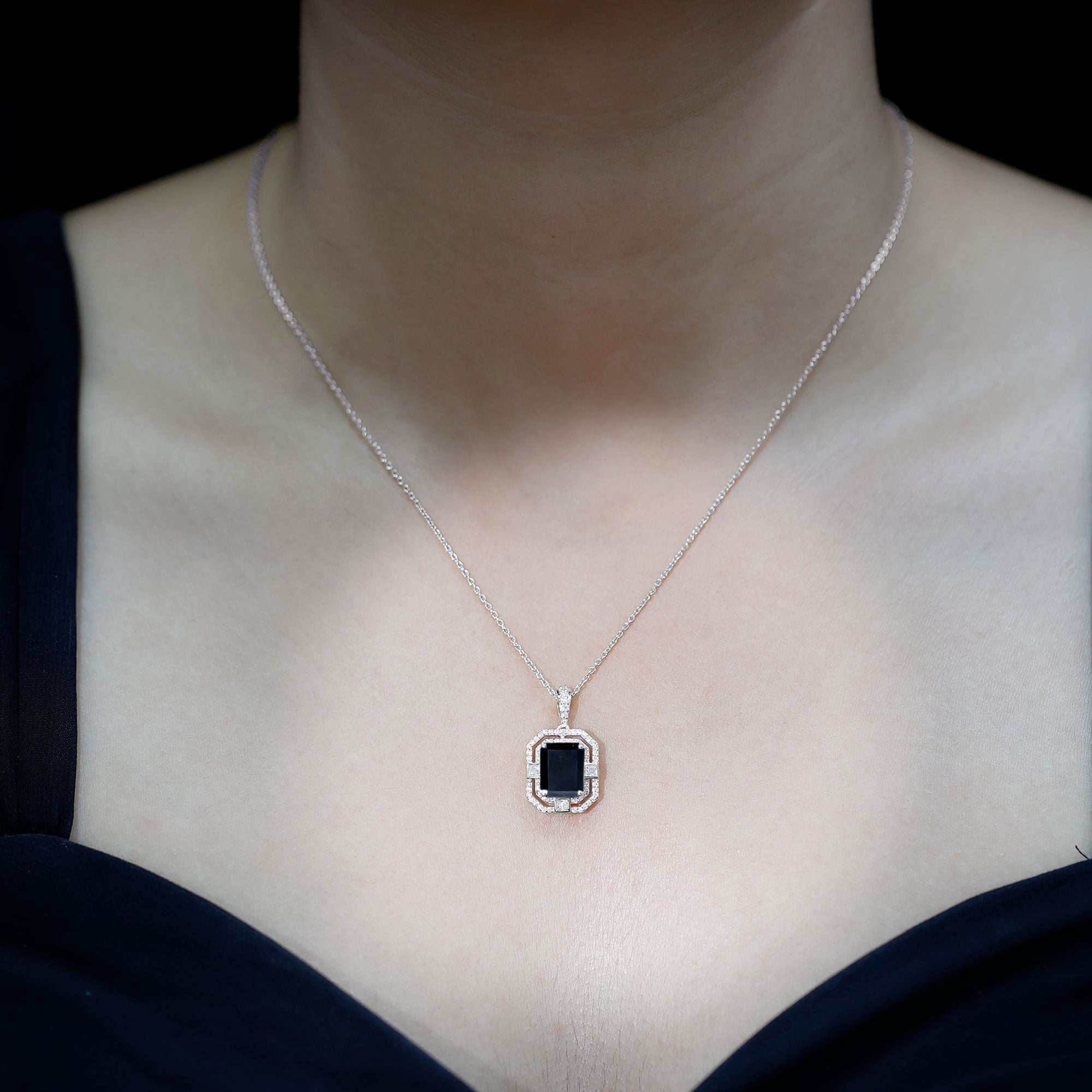 Vintage Inspired Octagon Created Black Diamond Pendant with Moissanite AAAA ( Synthetic ) - Rosec Jewels