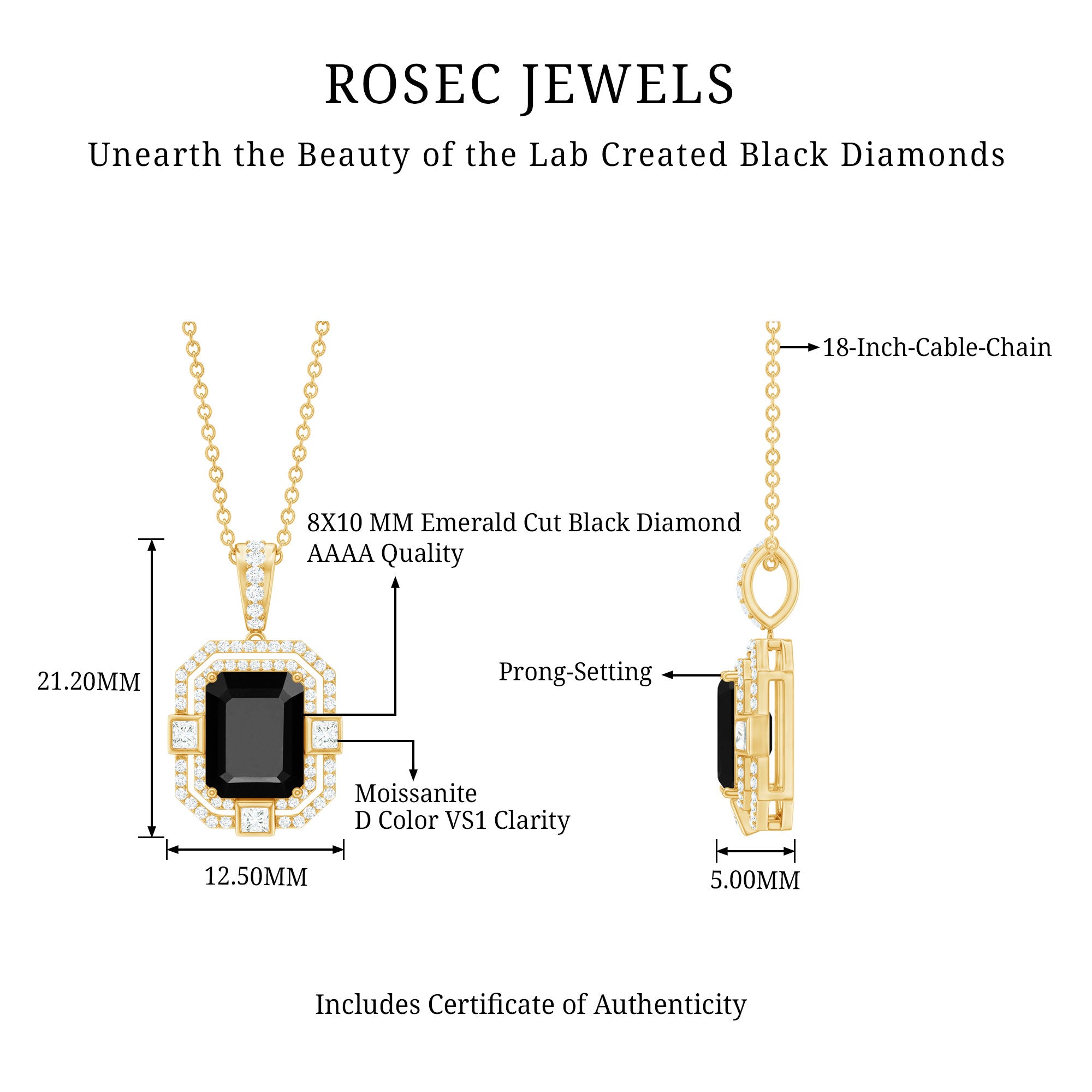 Vintage Inspired Octagon Created Black Diamond Pendant with Moissanite AAAA ( Synthetic ) - Rosec Jewels
