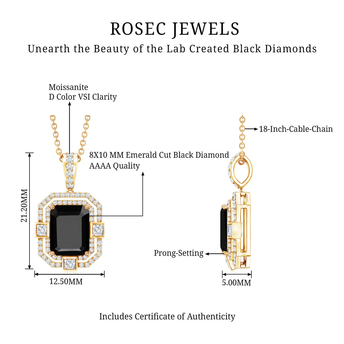 Vintage Inspired 3.4 Carat Emerald Cut Synthetic Black Diamond Pendant Necklace AAAA ( Synthetic ) - Rosec Jewels