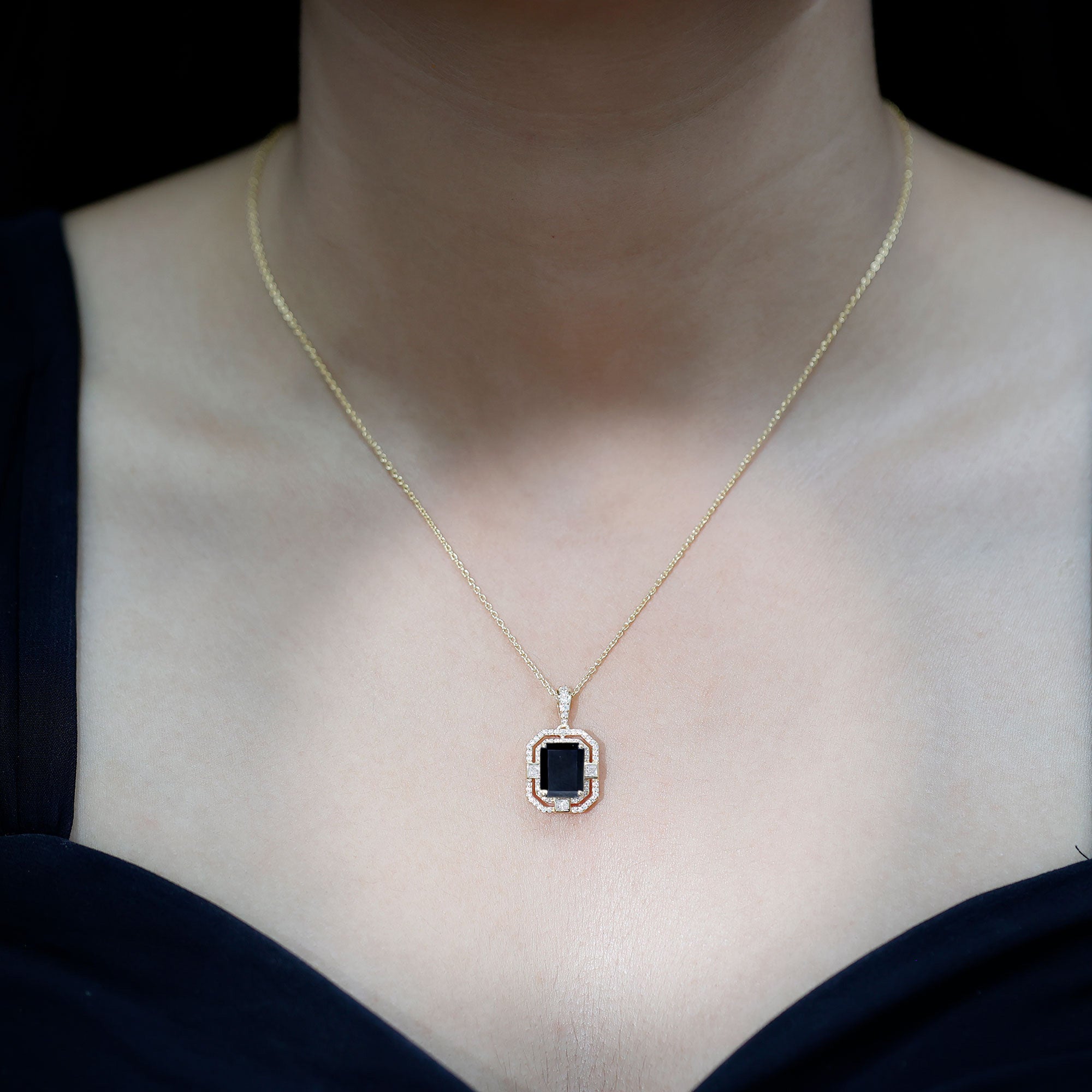 Vintage Inspired Octagon Created Black Diamond Pendant with Moissanite AAAA ( Synthetic ) - Rosec Jewels