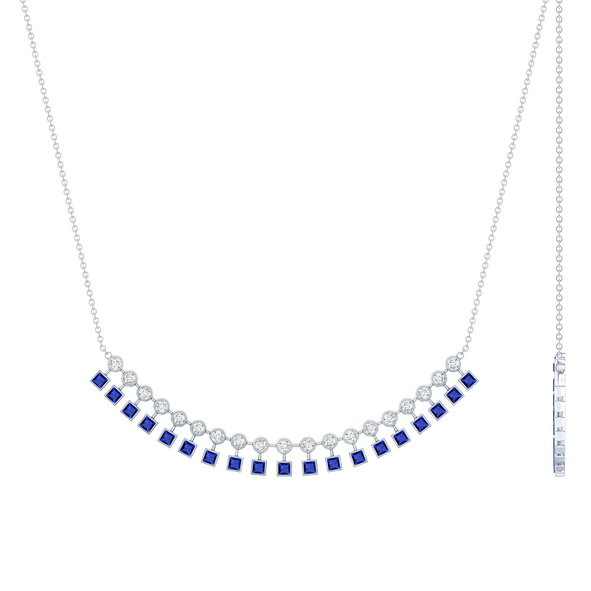 Princess Cut Lab Grown Blue Sapphire Statement Necklace With Certificate AAAA - Rosec Jewels
