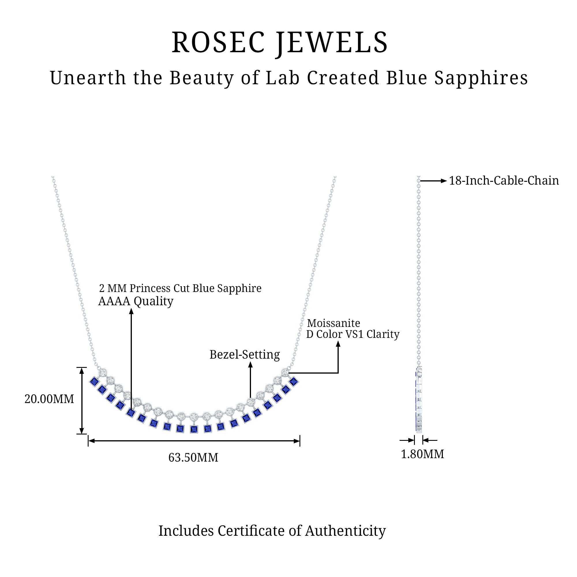 Princess Cut Lab Grown Blue Sapphire Statement Necklace With Certificate AAAA - Rosec Jewels
