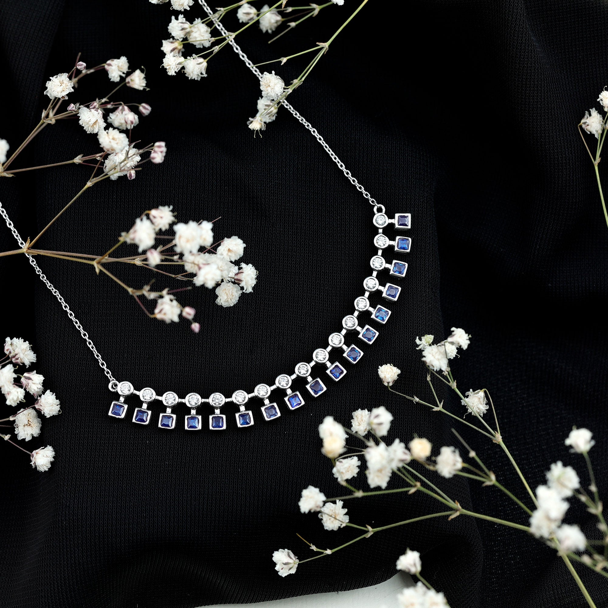 Princess Cut Lab Grown Blue Sapphire Statement Necklace With Certificate AAAA - Rosec Jewels