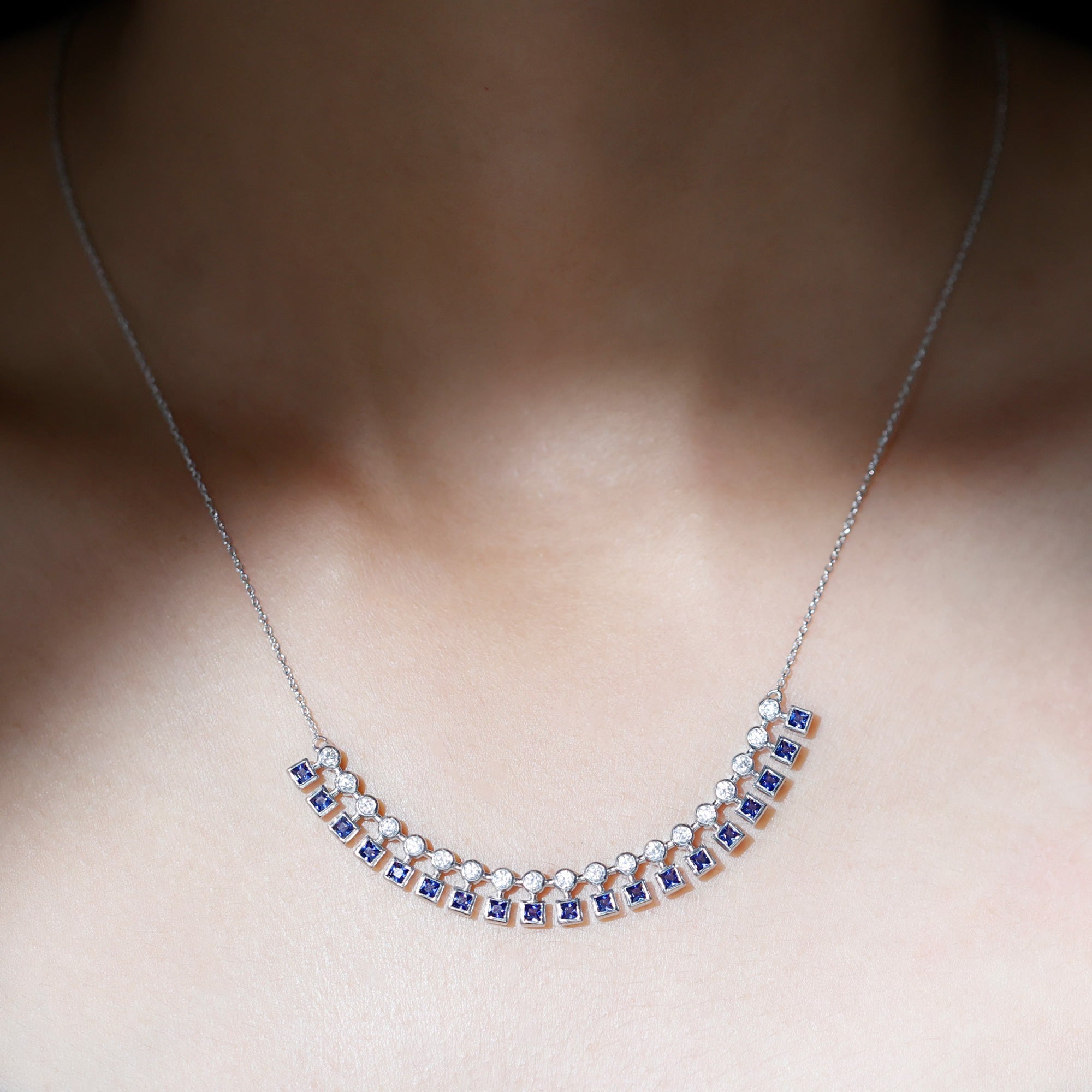 Princess Cut Lab Grown Blue Sapphire Statement Necklace With Certificate AAAA - Rosec Jewels