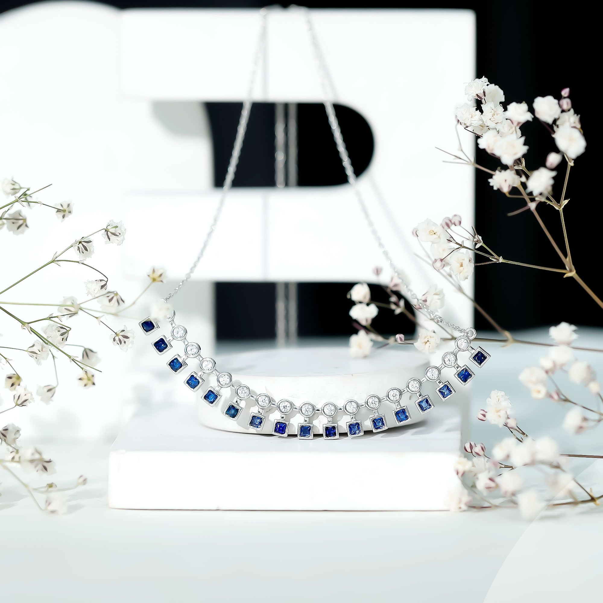 Princess Cut Lab Grown Blue Sapphire Statement Necklace With Certificate AAAA - Rosec Jewels