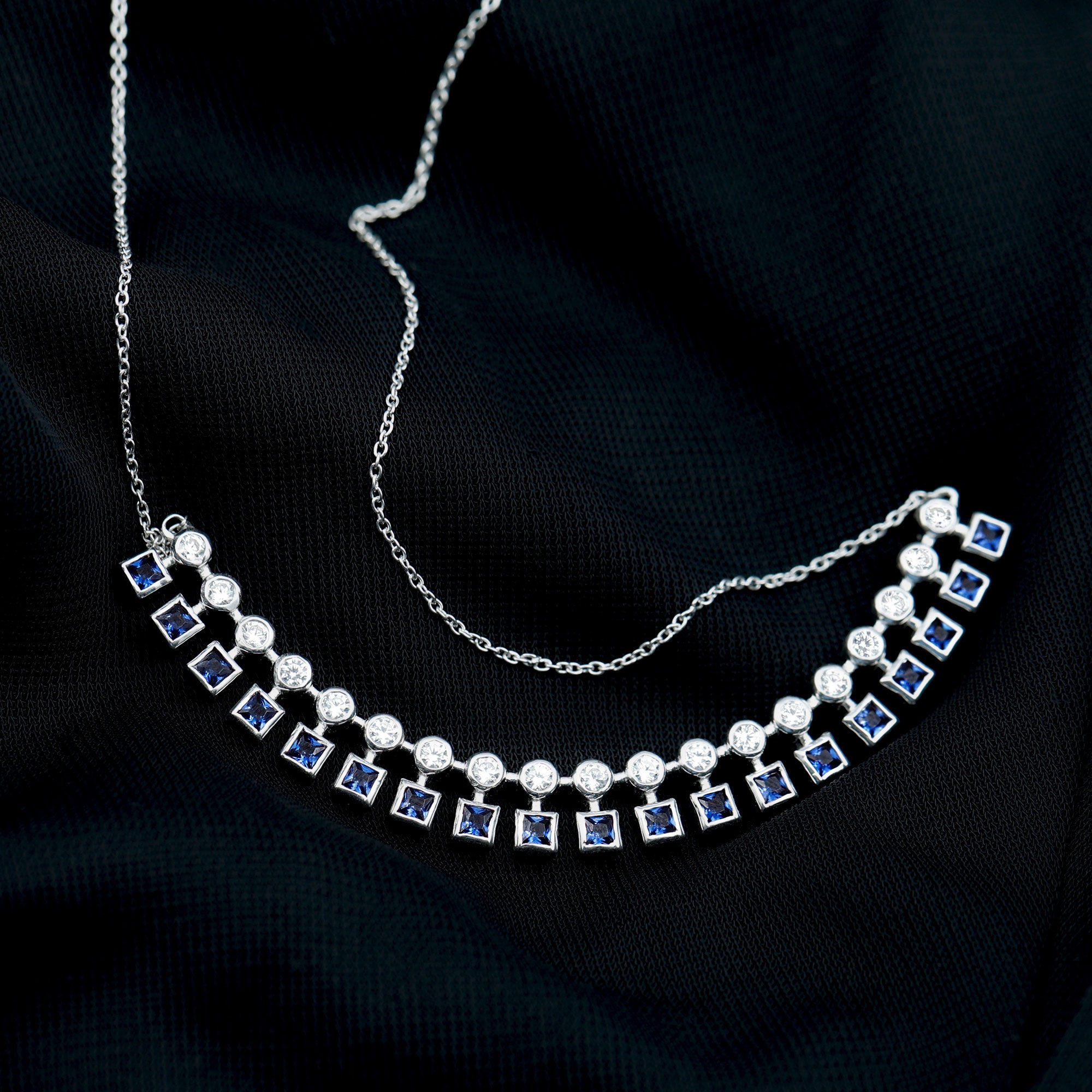 Princess Cut Lab Grown Blue Sapphire Statement Necklace With Certificate AAAA - Rosec Jewels