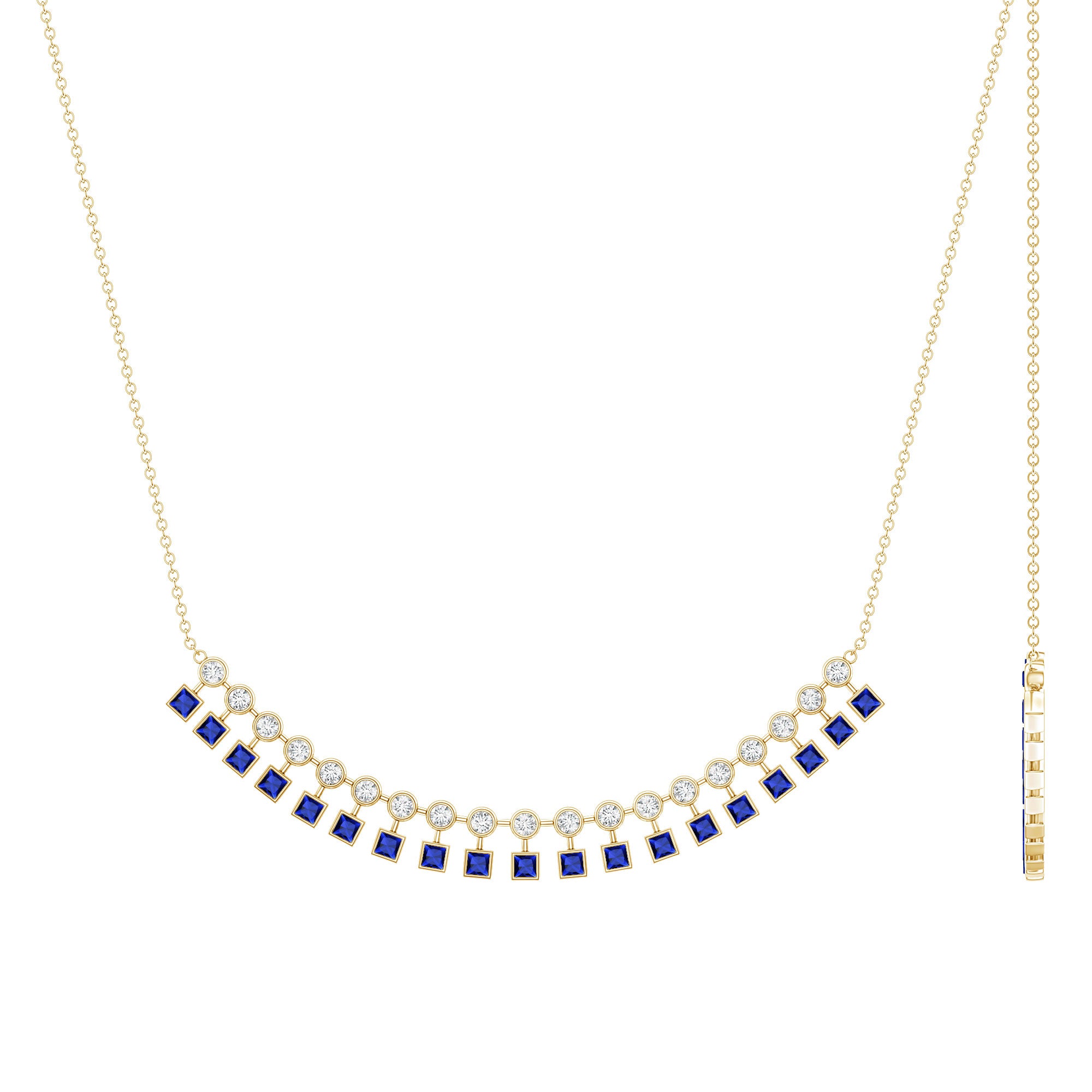 Princess Cut Lab Grown Blue Sapphire Statement Necklace With Certificate AAAA - Rosec Jewels