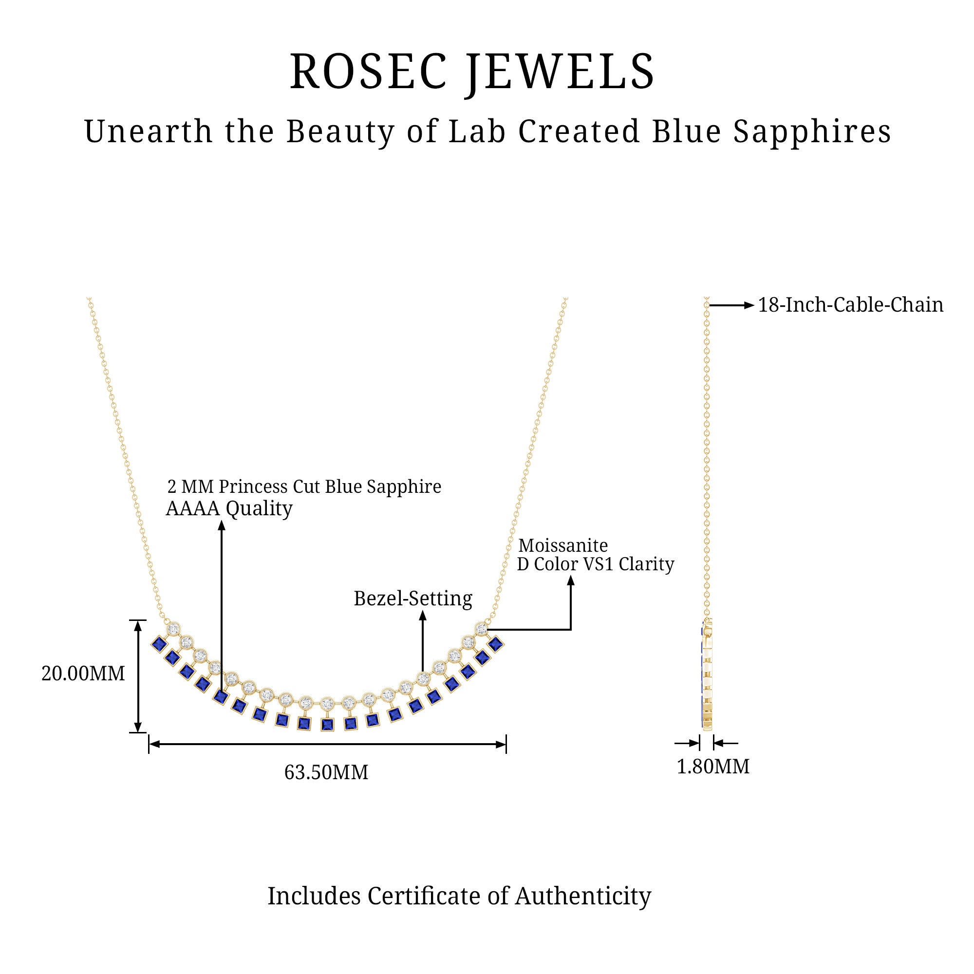 Princess Cut Lab Grown Blue Sapphire Statement Necklace With Certificate AAAA - Rosec Jewels