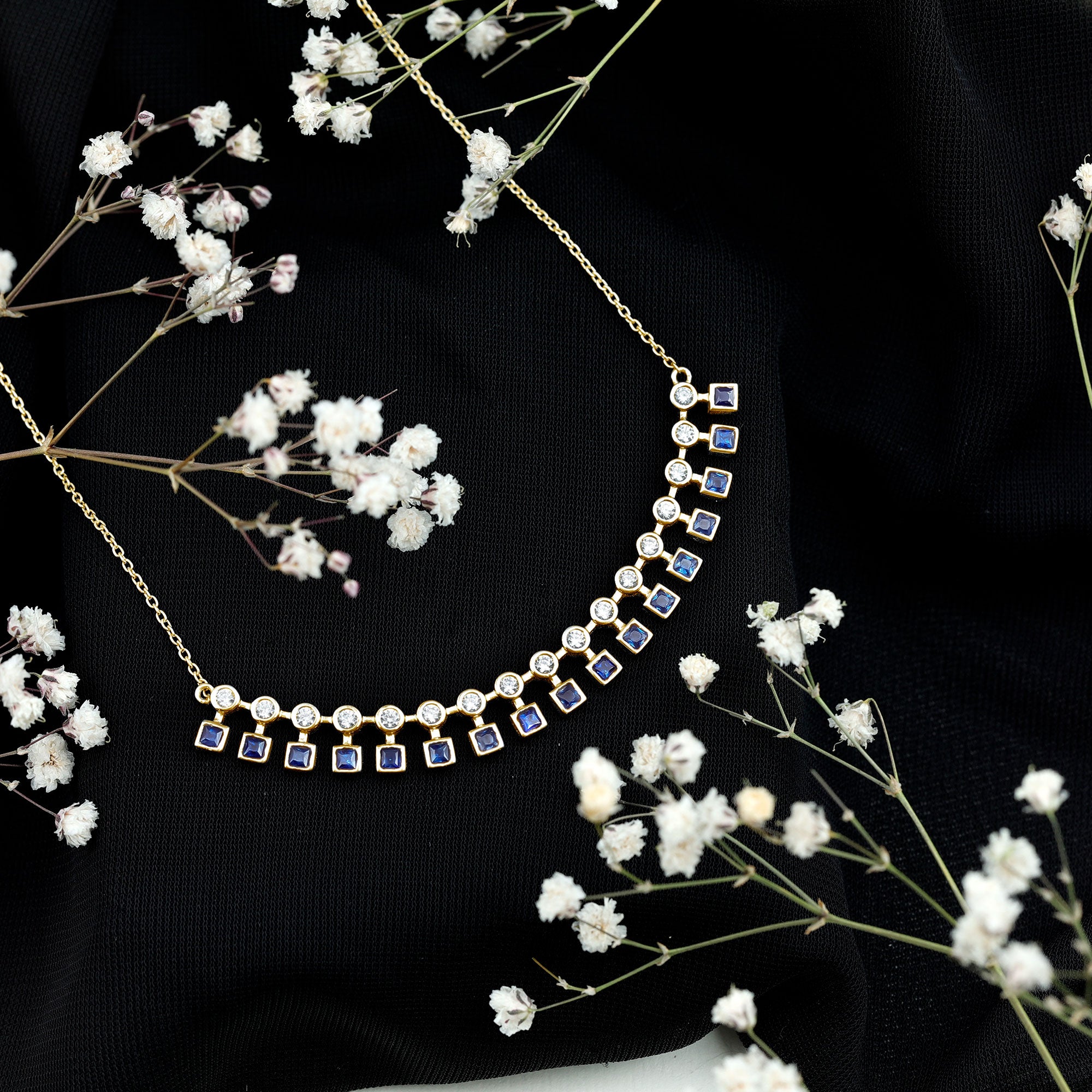 Princess Cut Lab Grown Blue Sapphire Statement Necklace With Certificate AAAA - Rosec Jewels