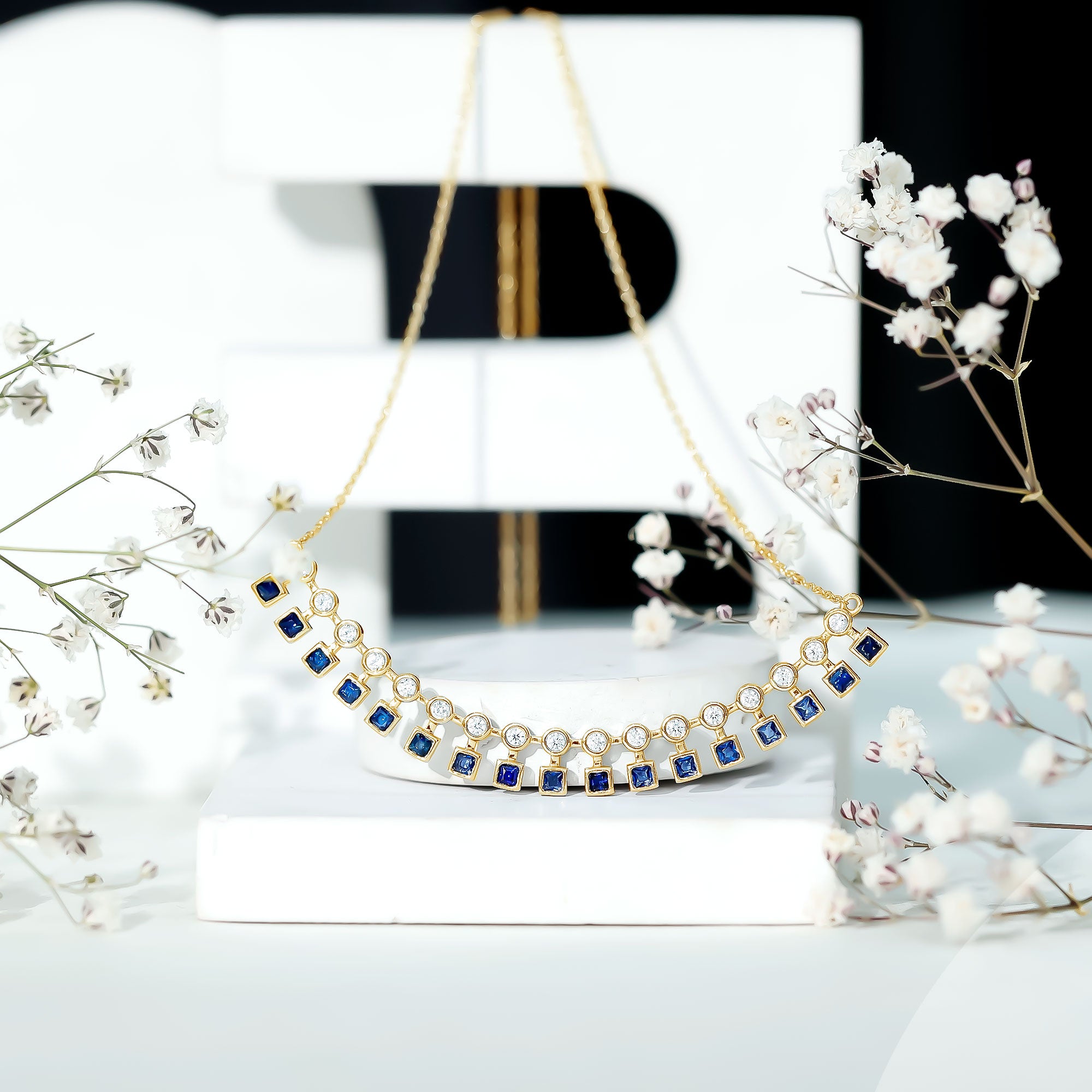 Princess Cut Lab Grown Blue Sapphire Statement Necklace With Certificate AAAA - Rosec Jewels