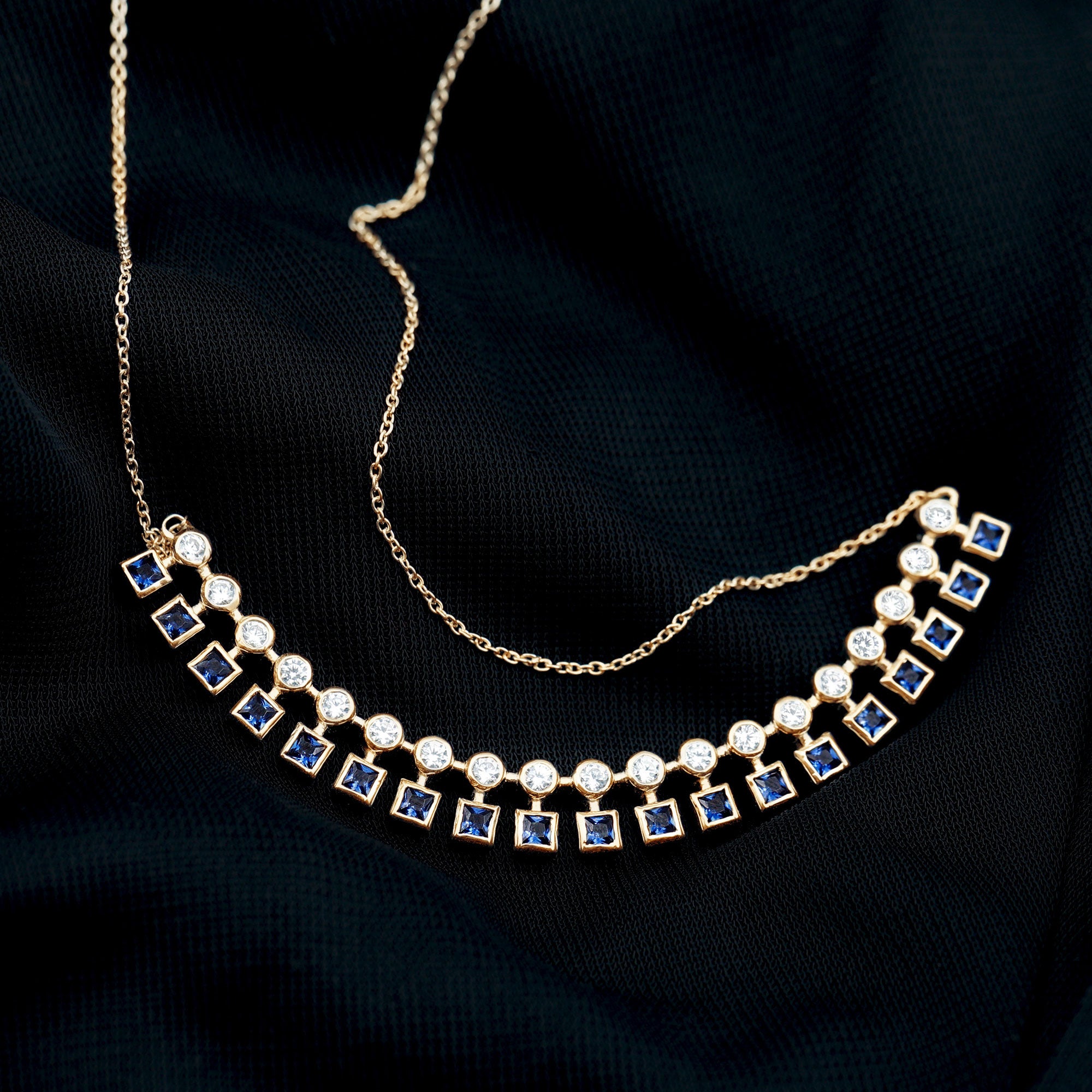 Princess Cut Lab Grown Blue Sapphire Statement Necklace With Certificate AAAA - Rosec Jewels