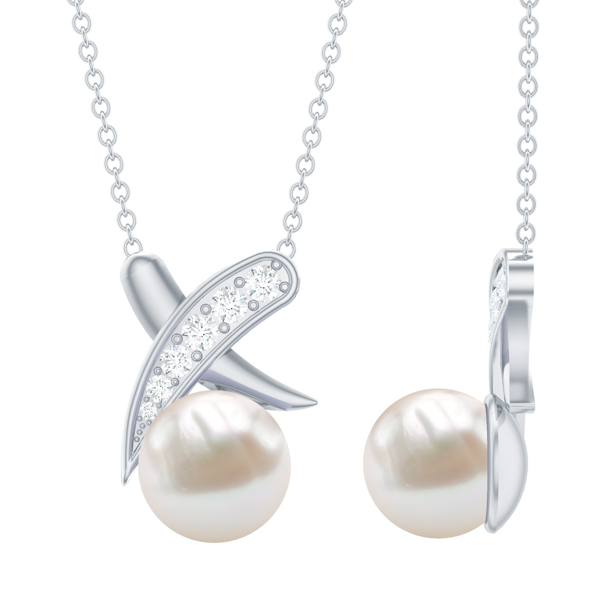 Real Freshwater Pearl and Diamond XO Necklace AAA - Rosec Jewels