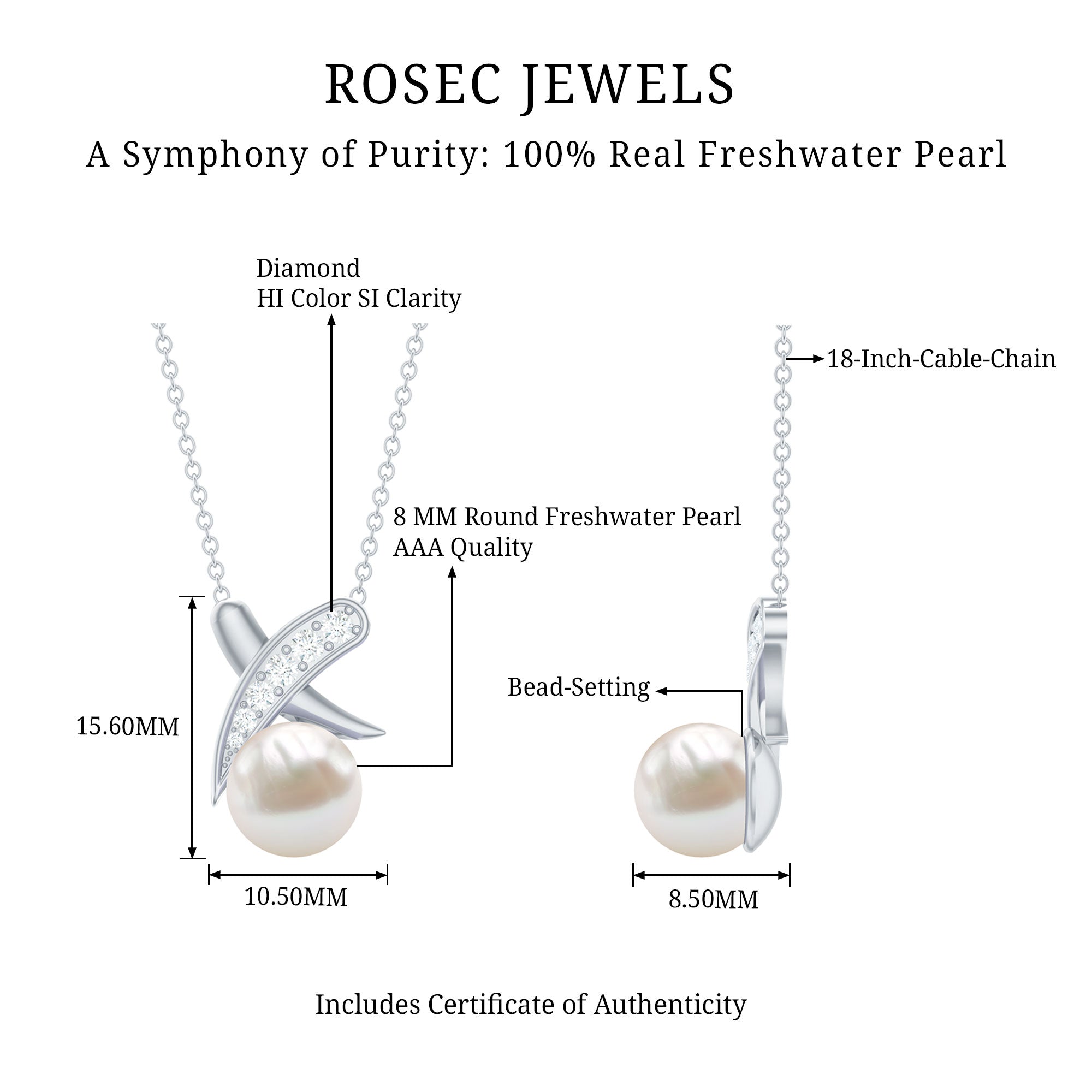 Real Freshwater Pearl and Diamond XO Necklace AAA - Rosec Jewels