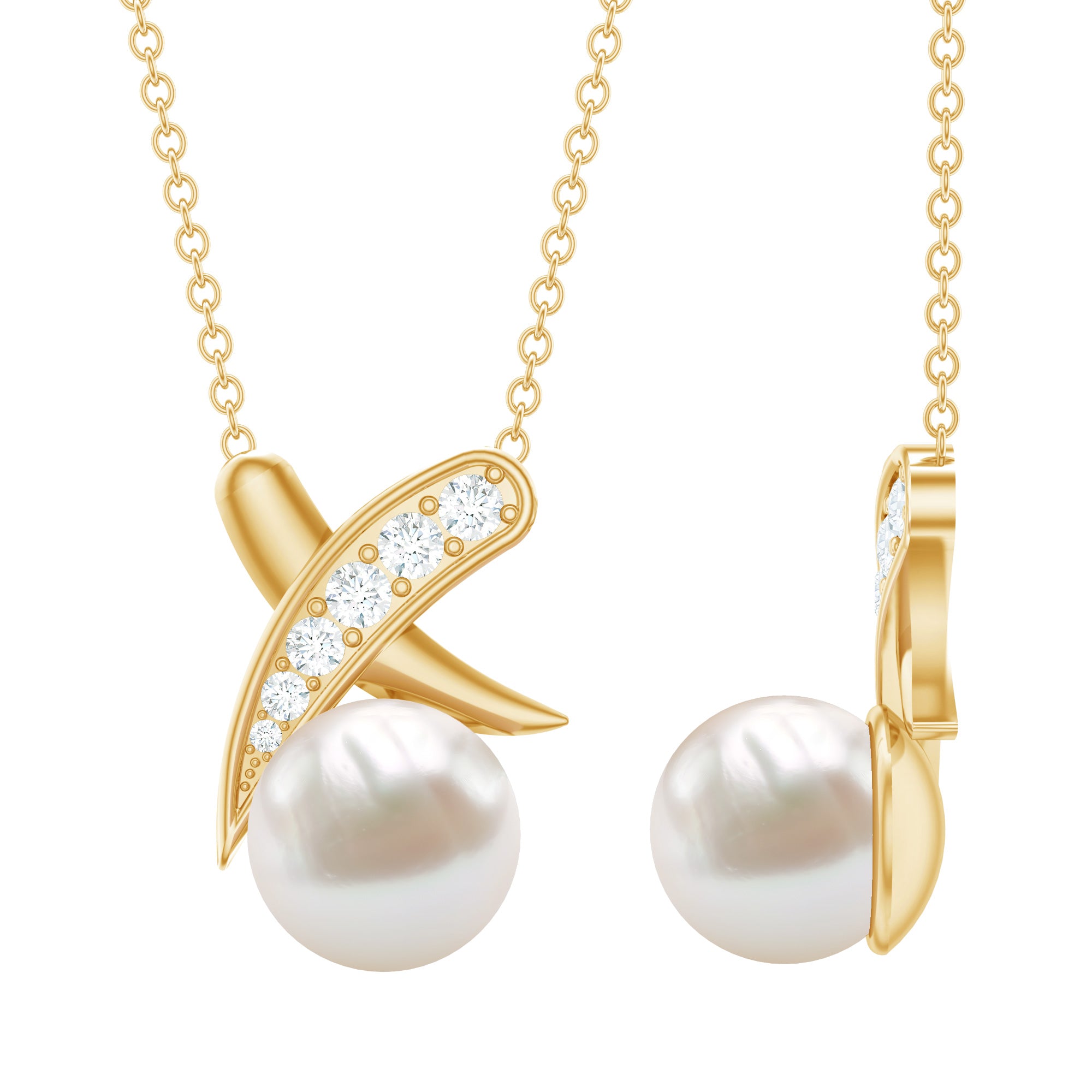 Real Freshwater Pearl and Diamond XO Necklace AAA - Rosec Jewels