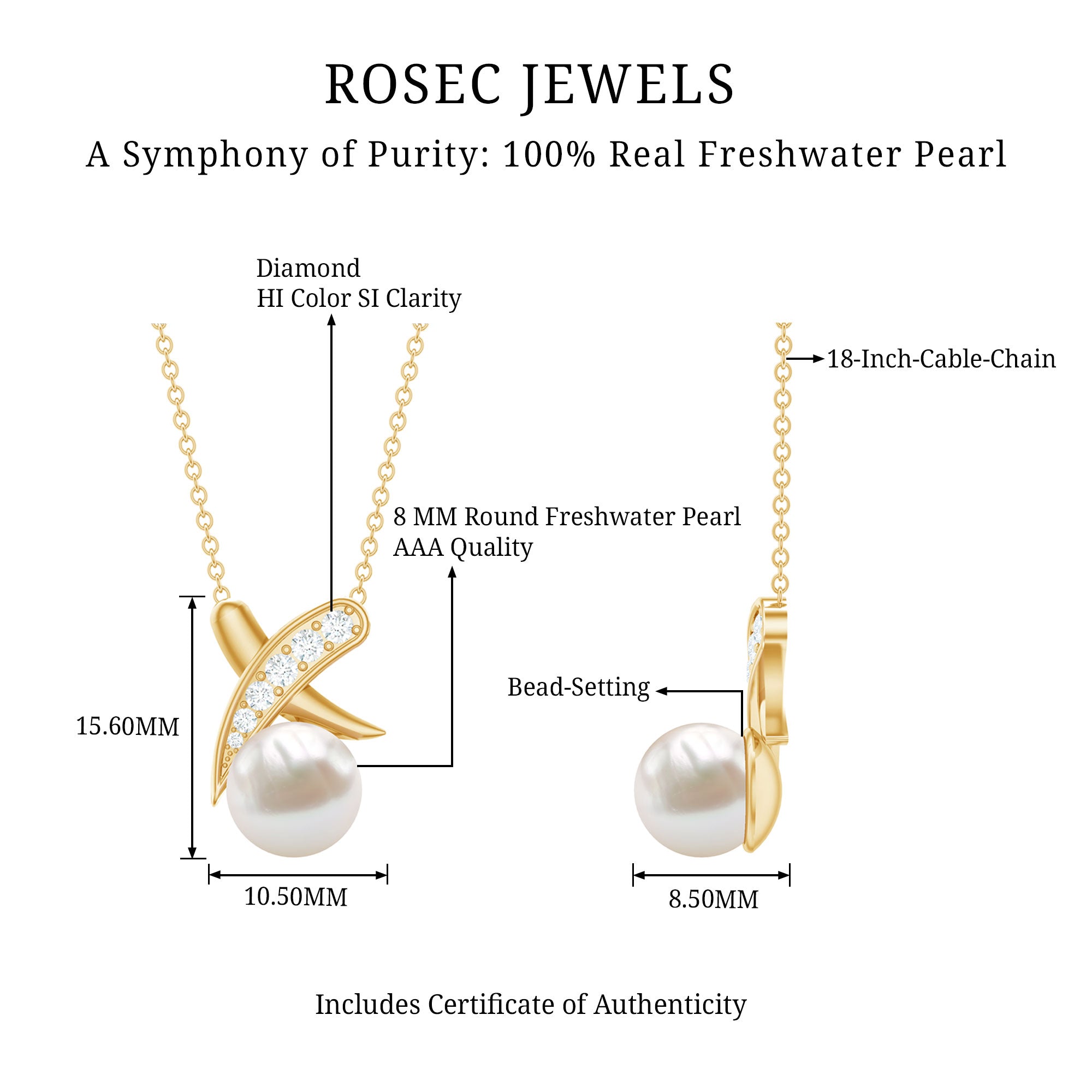 Real Freshwater Pearl and Diamond XO Necklace AAA - Rosec Jewels