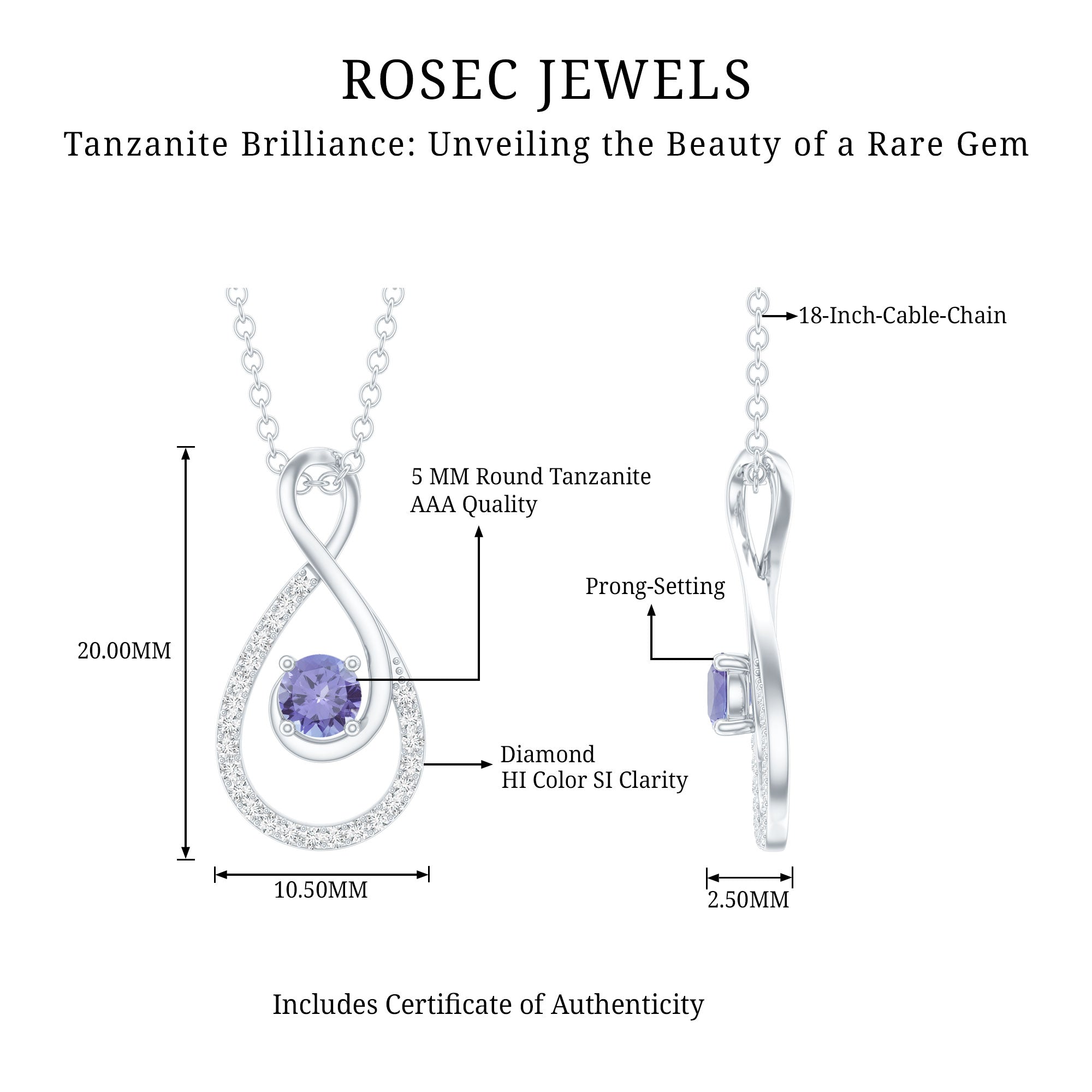 Genuine Tanzanite and Diamond Infinity Pendant Necklace With Chain AAA - Rosec Jewels