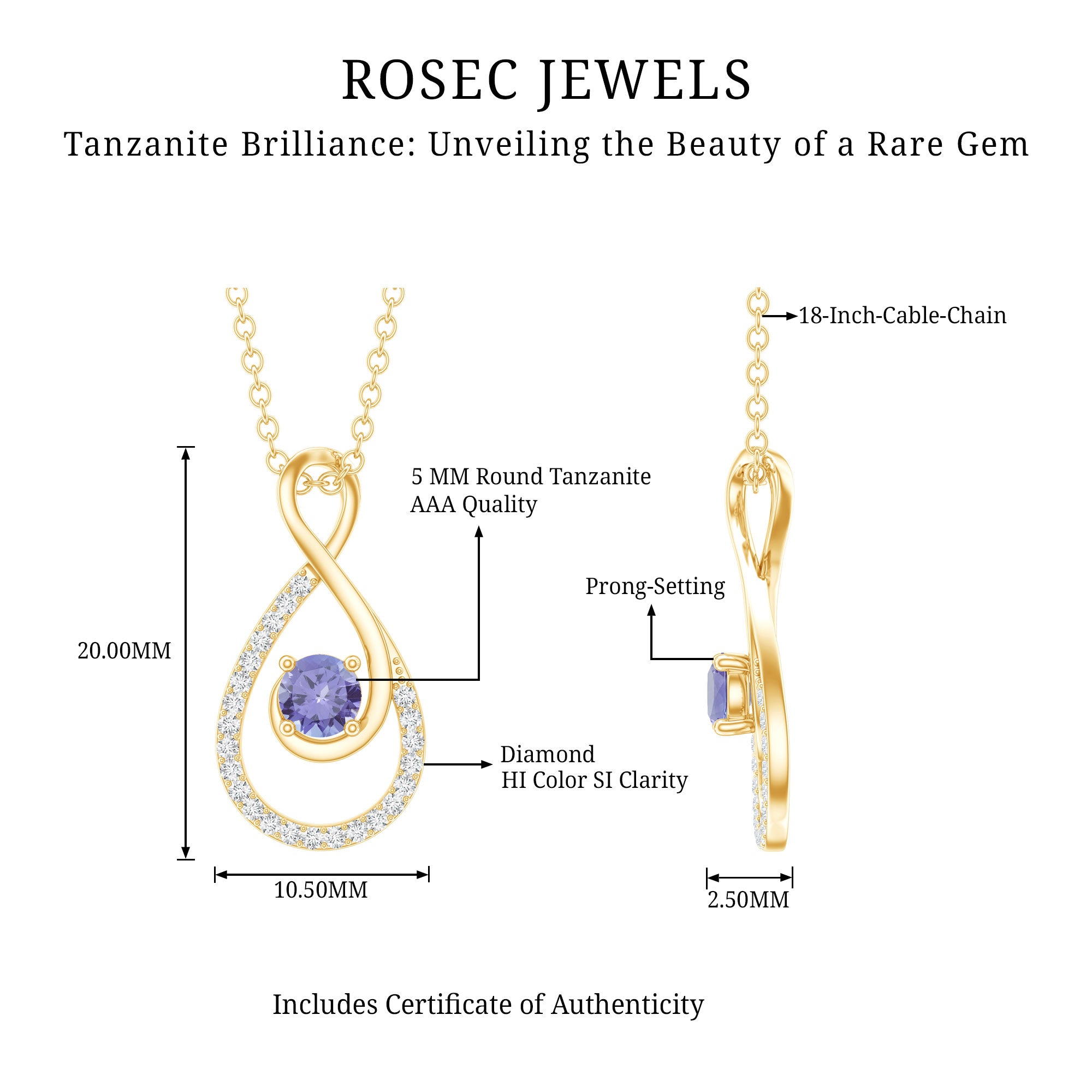 Genuine Tanzanite and Diamond Infinity Pendant Necklace With Chain AAA - Rosec Jewels