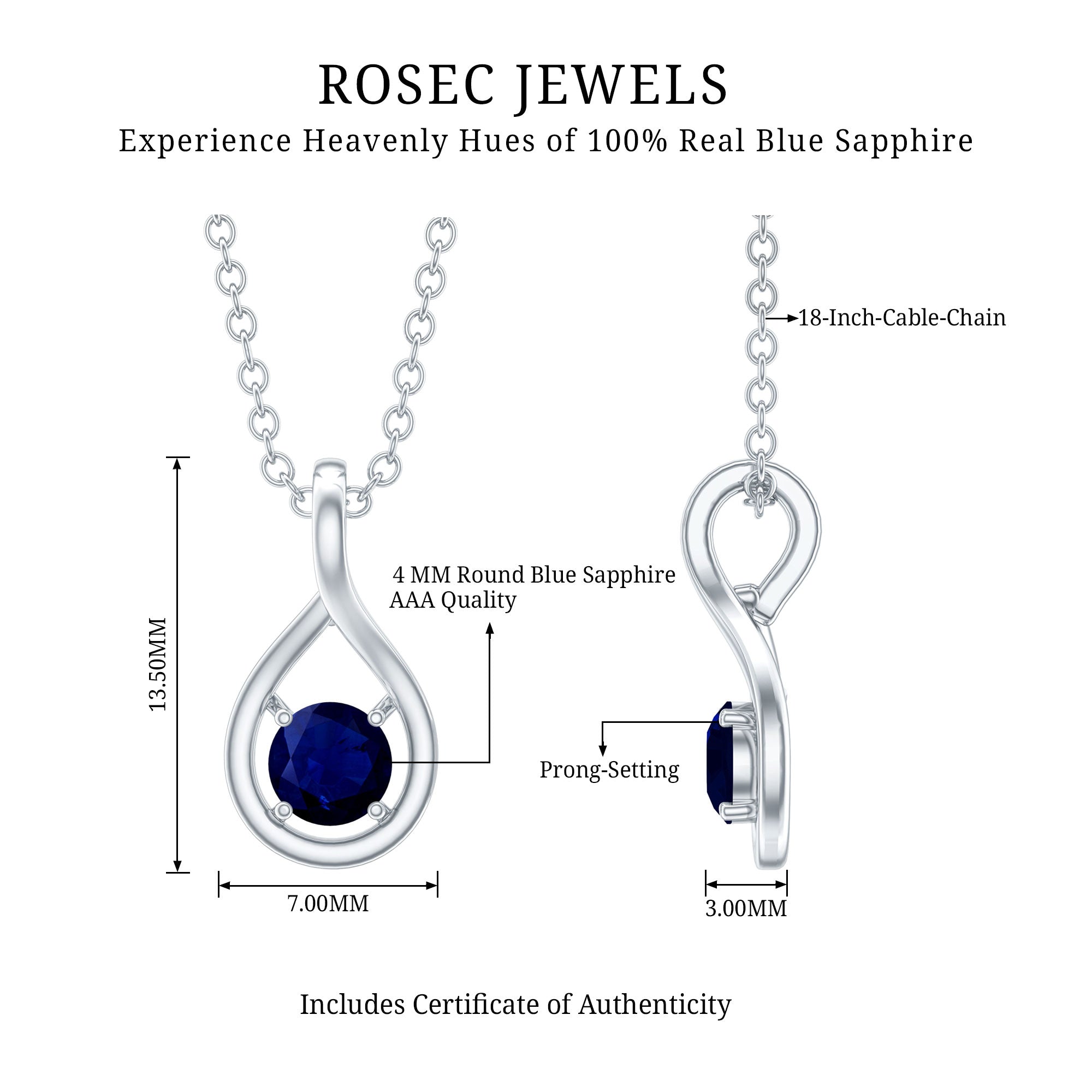 Genuine Round Cut Blue Sapphire Teardrop Pendant AAA - Rosec Jewels