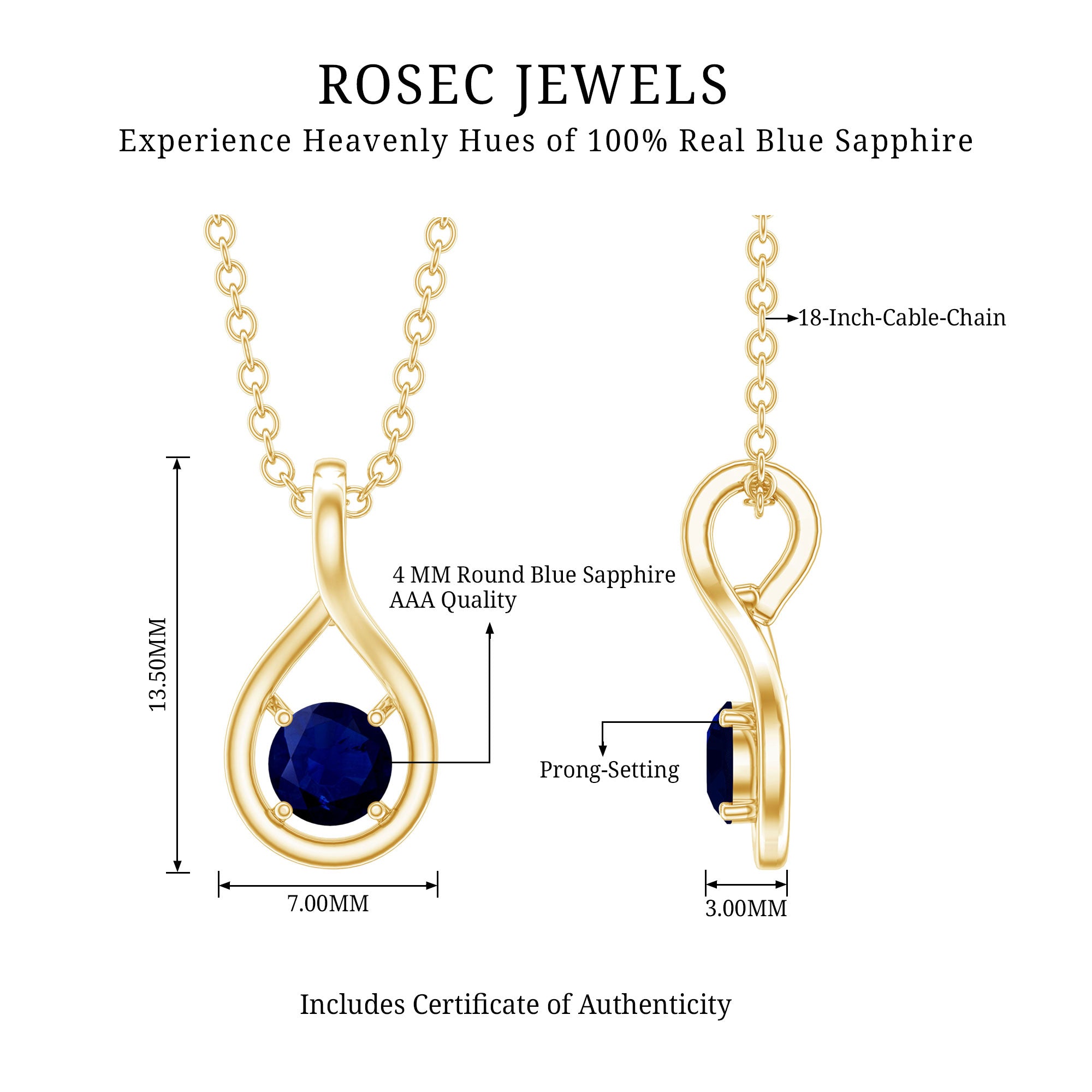 Genuine Round Cut Blue Sapphire Teardrop Pendant AAA - Rosec Jewels