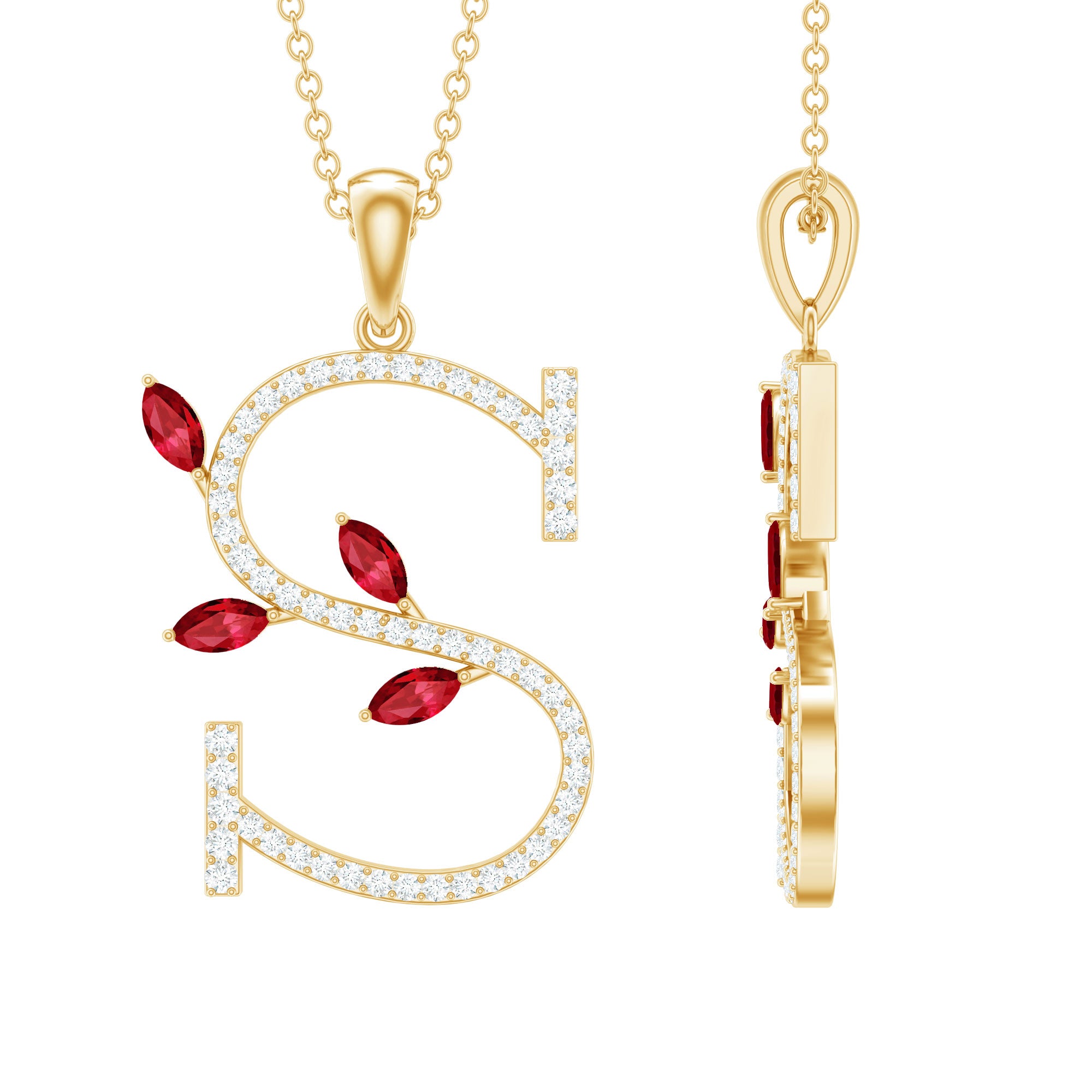 Lab Grown Ruby and Diamond Necklace with Letter S AAAA - Rosec Jewels