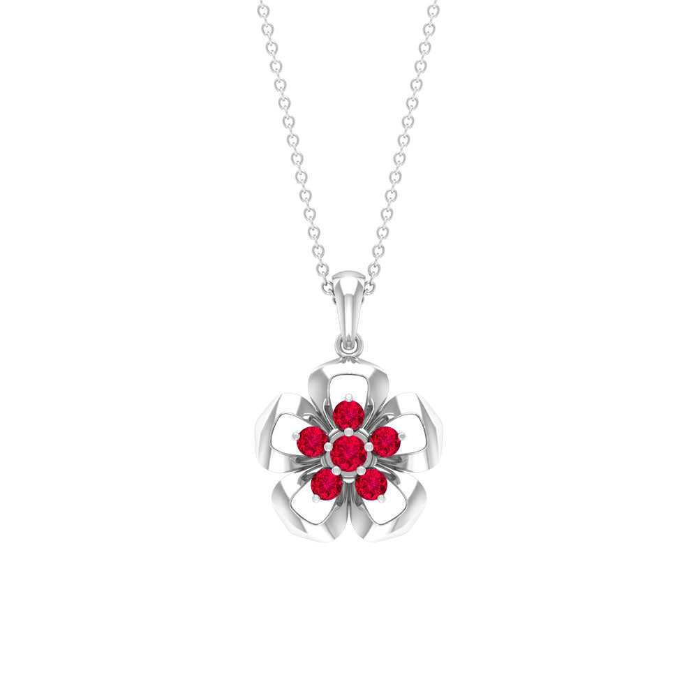 Natural Ruby Flower Pendant Necklace with Certificate AAA - Rosec Jewels