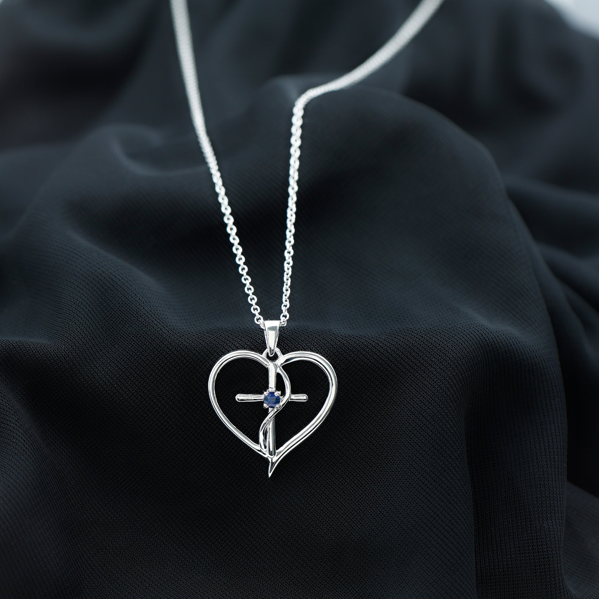 Natural Blue Sapphire Cross Heart Necklace for Women AAA - Rosec Jewels