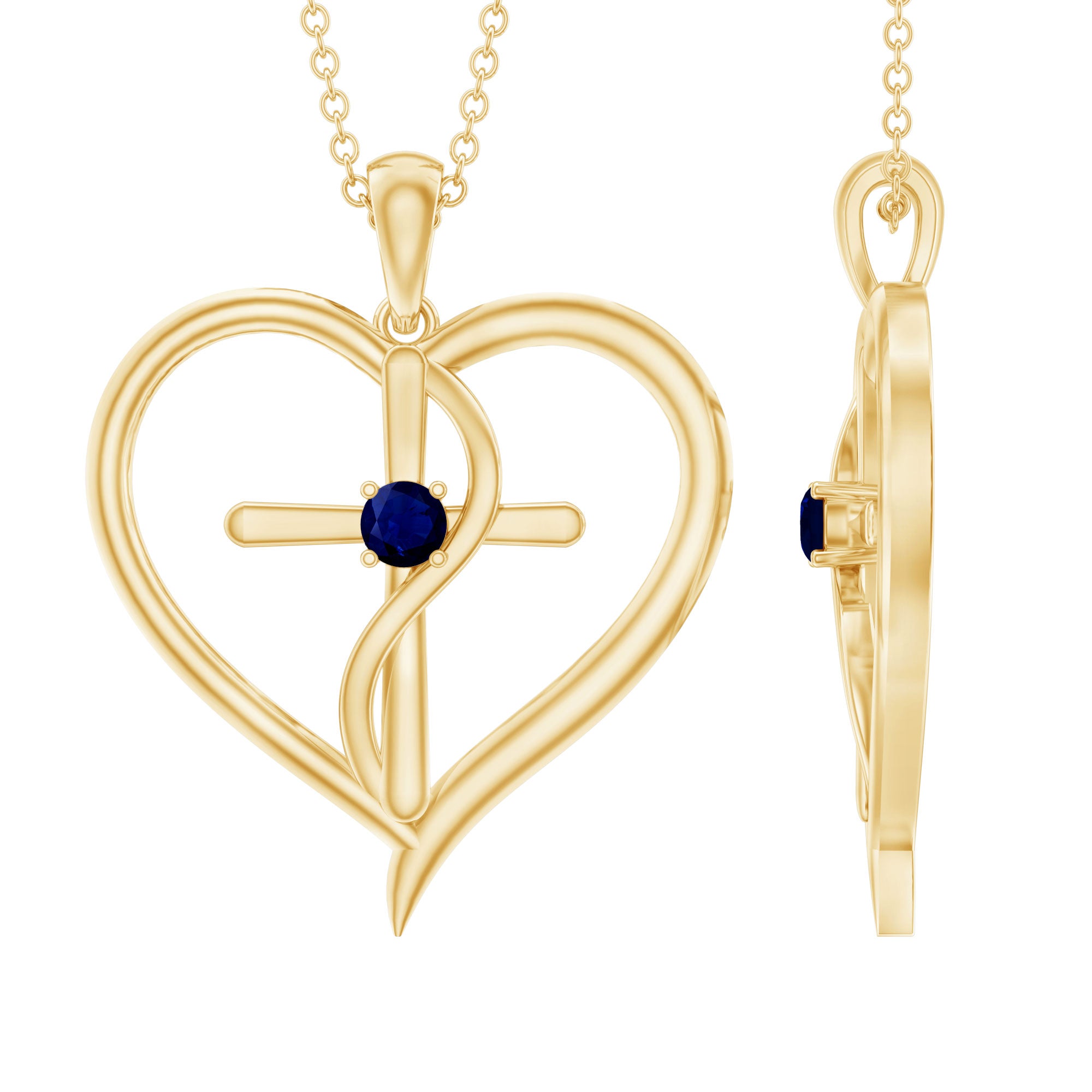 Natural Blue Sapphire Cross Heart Necklace for Women AAA - Rosec Jewels