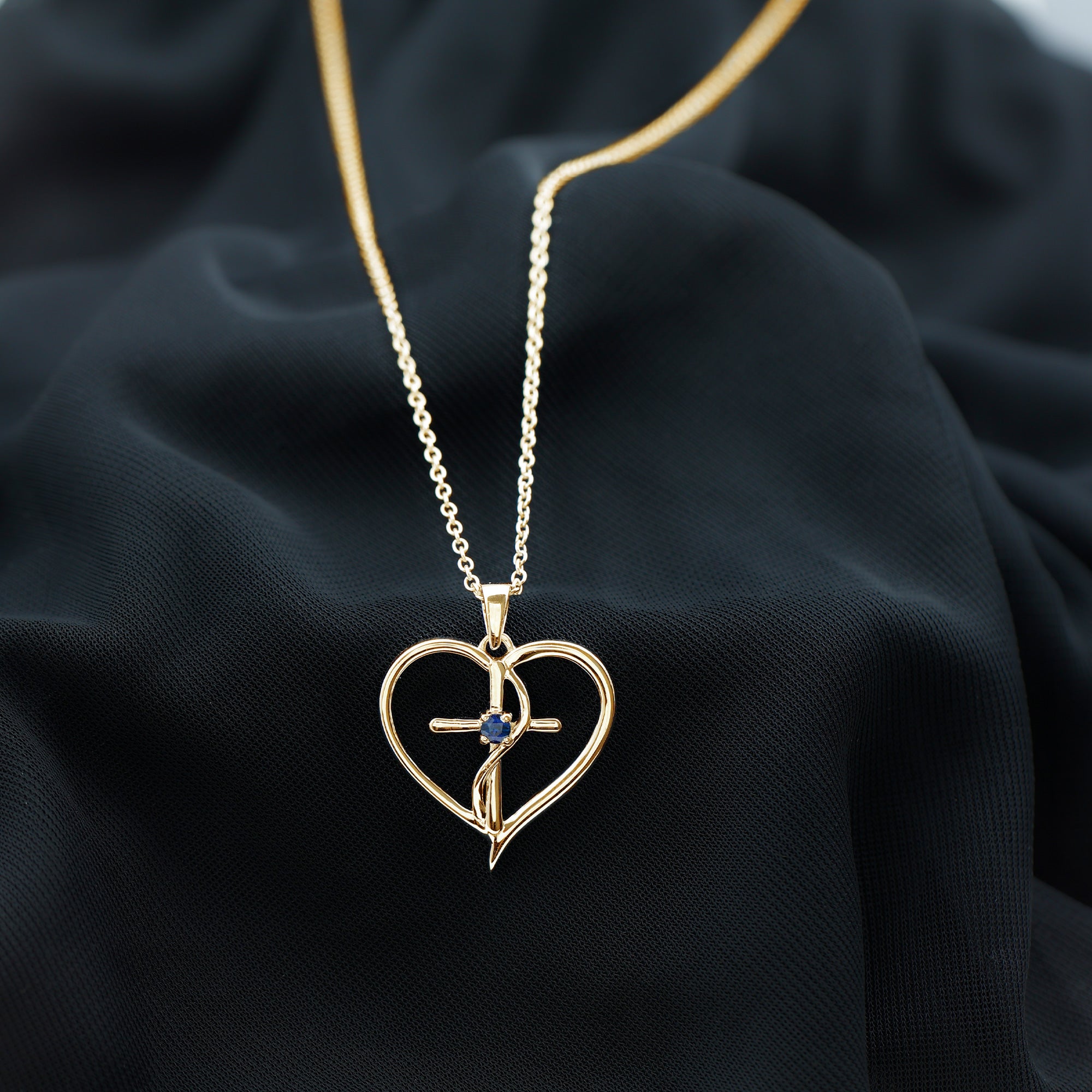 Natural Blue Sapphire Cross Heart Necklace for Women AAA - Rosec Jewels