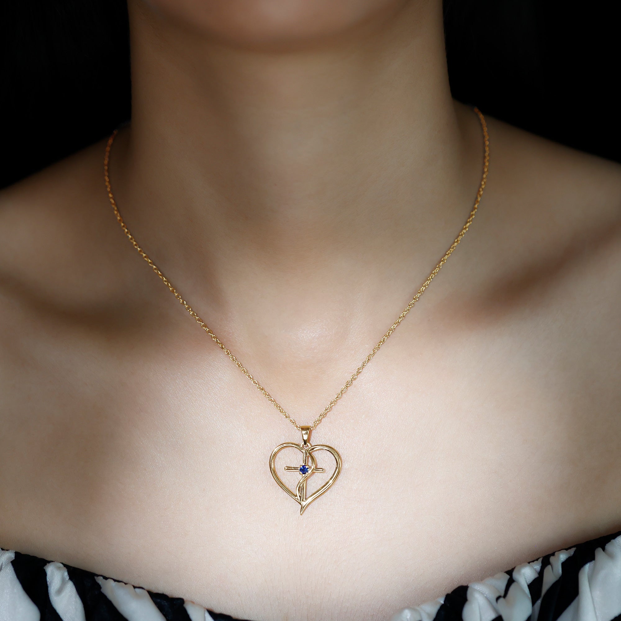 Natural Blue Sapphire Cross Heart Necklace for Women AAA - Rosec Jewels