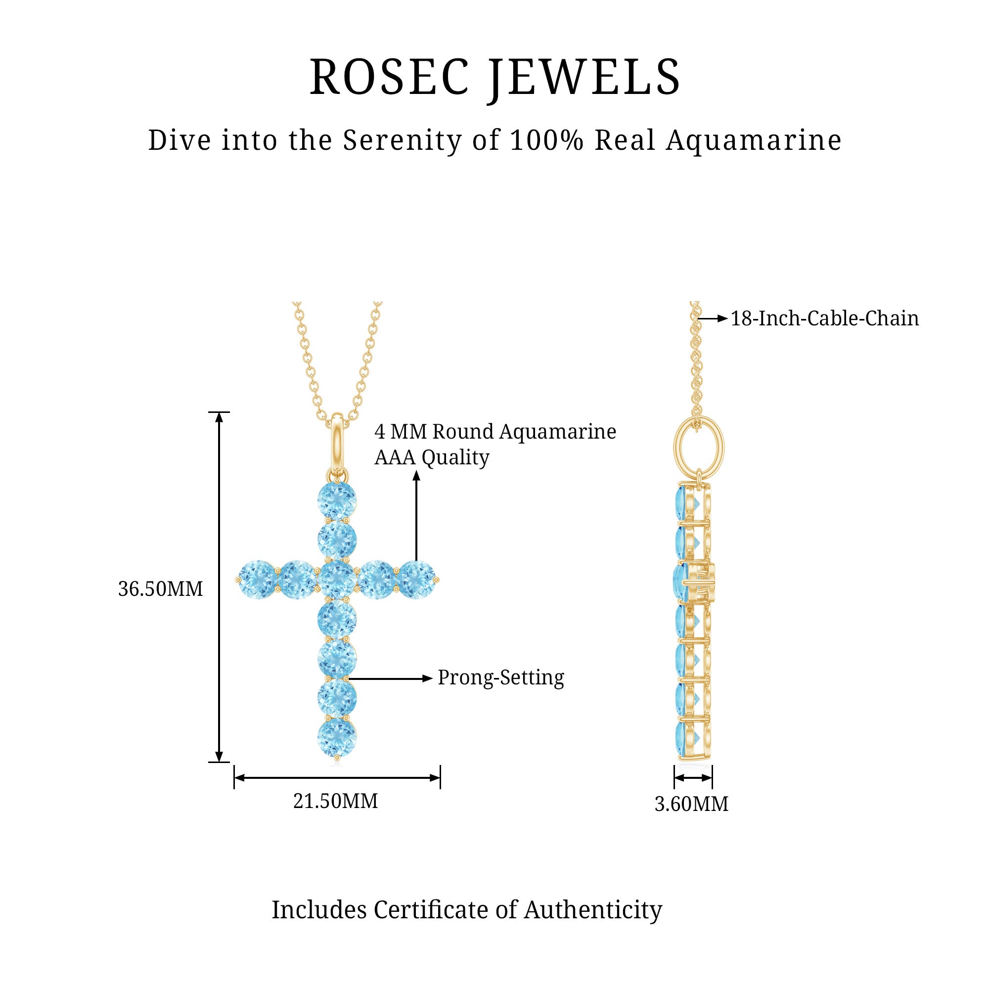 Womens Aquamarine Cross Pendant Necklace with Chain AAA - Rosec Jewels