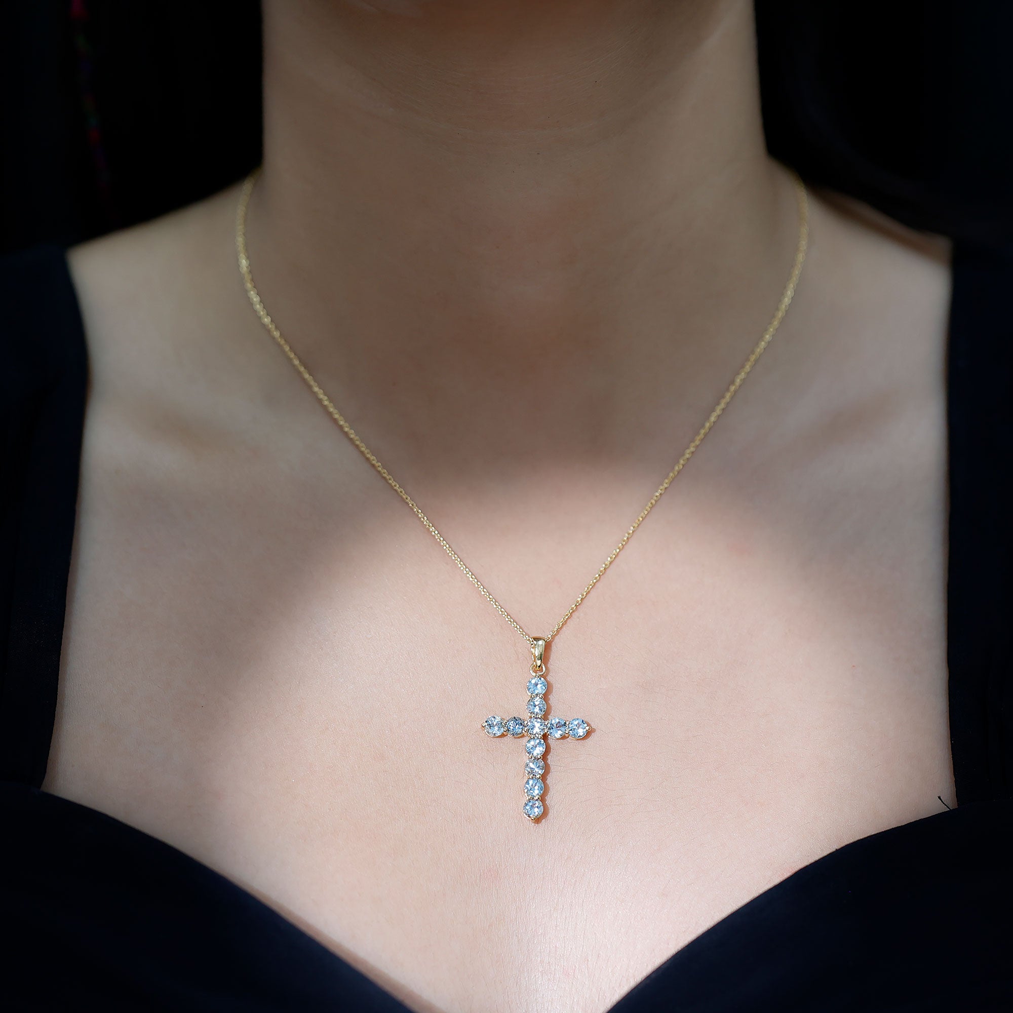 Womens Aquamarine Cross Pendant Necklace with Chain AAA - Rosec Jewels