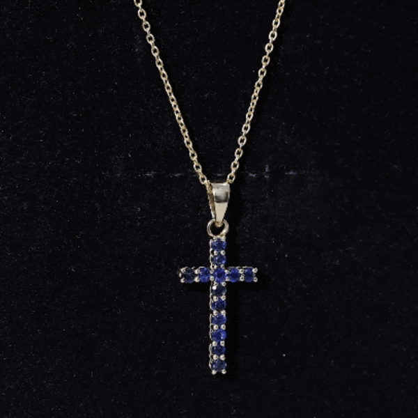 Genuine Blue Sapphire Cross Pendant Necklace with Chain AAA - Rosec Jewels