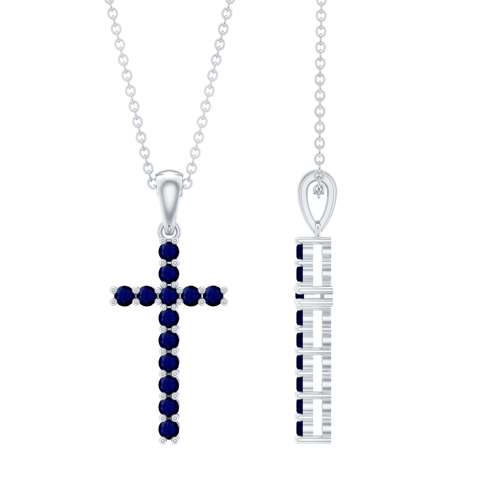 Genuine Blue Sapphire Cross Pendant Necklace with Chain AAA - Rosec Jewels