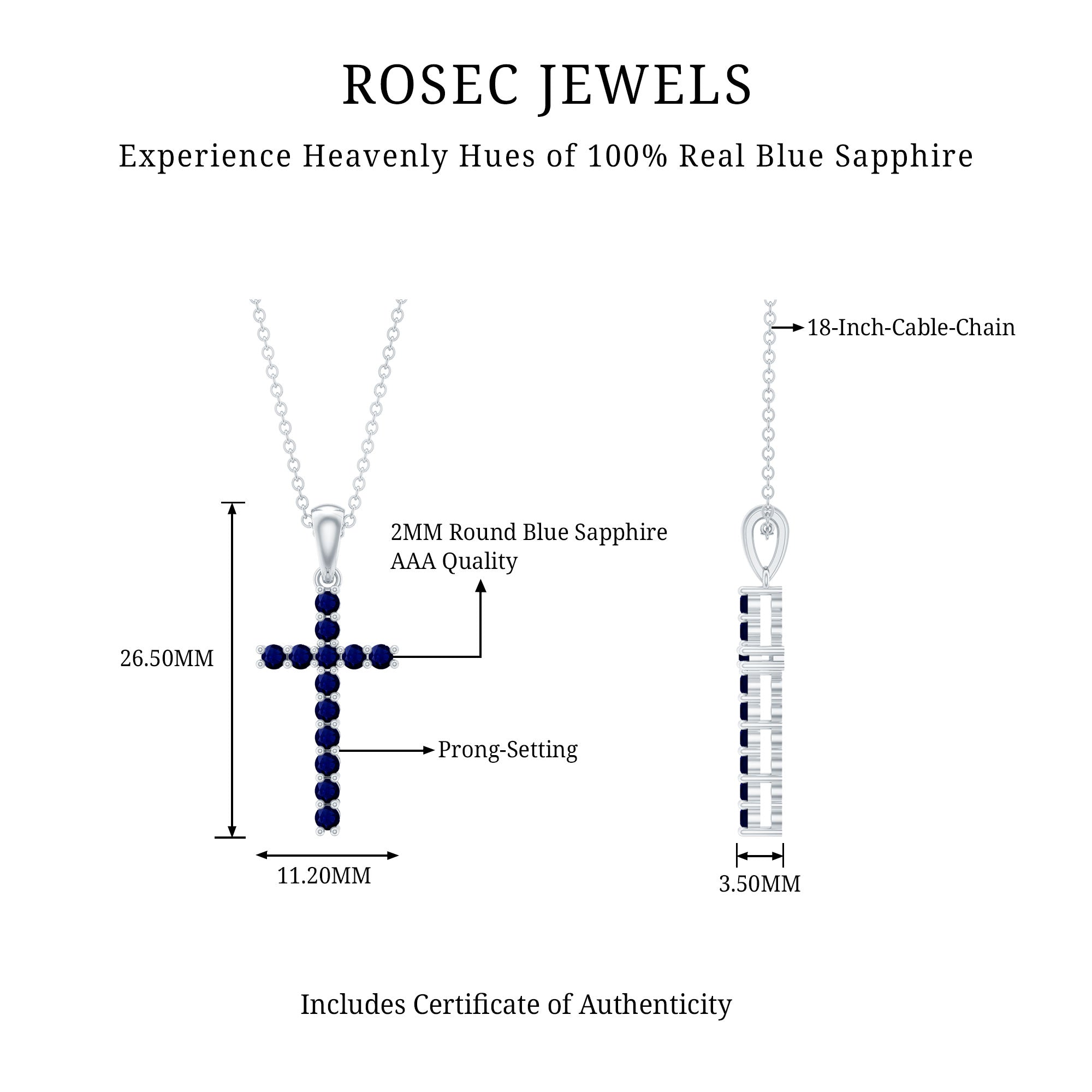 Genuine Blue Sapphire Cross Pendant Necklace with Chain AAA - Rosec Jewels