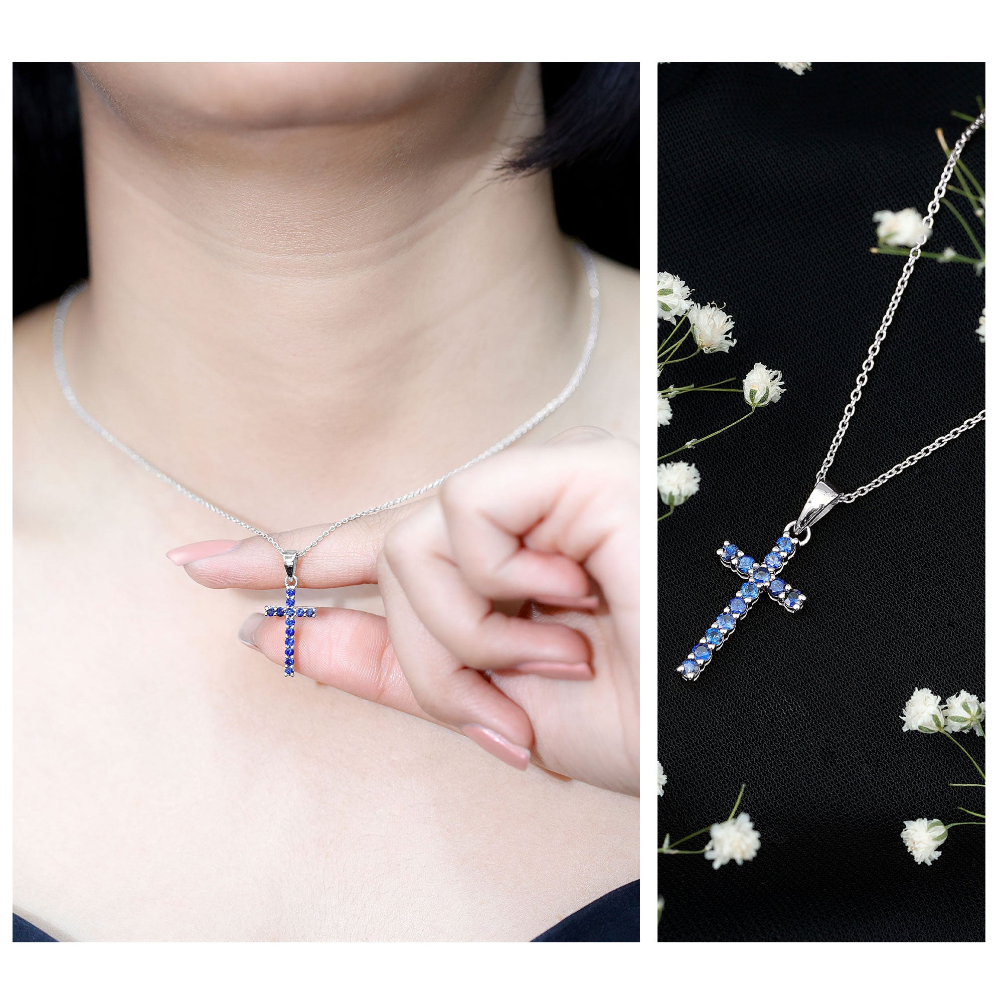 Genuine Blue Sapphire Cross Pendant Necklace with Chain AAA - Rosec Jewels