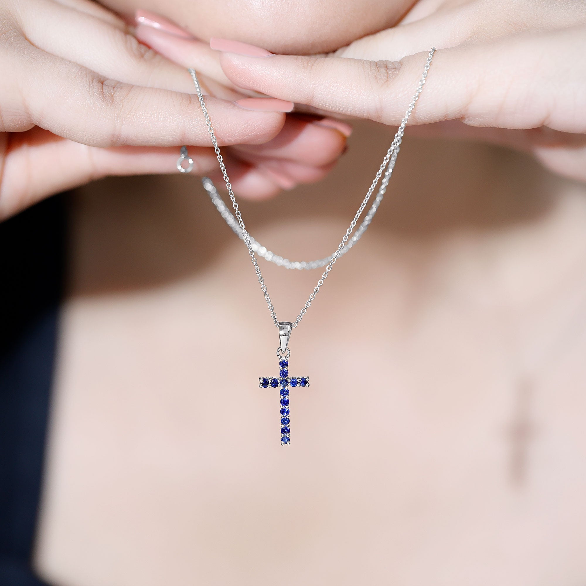 Genuine Blue Sapphire Cross Pendant Necklace with Chain AAA - Rosec Jewels