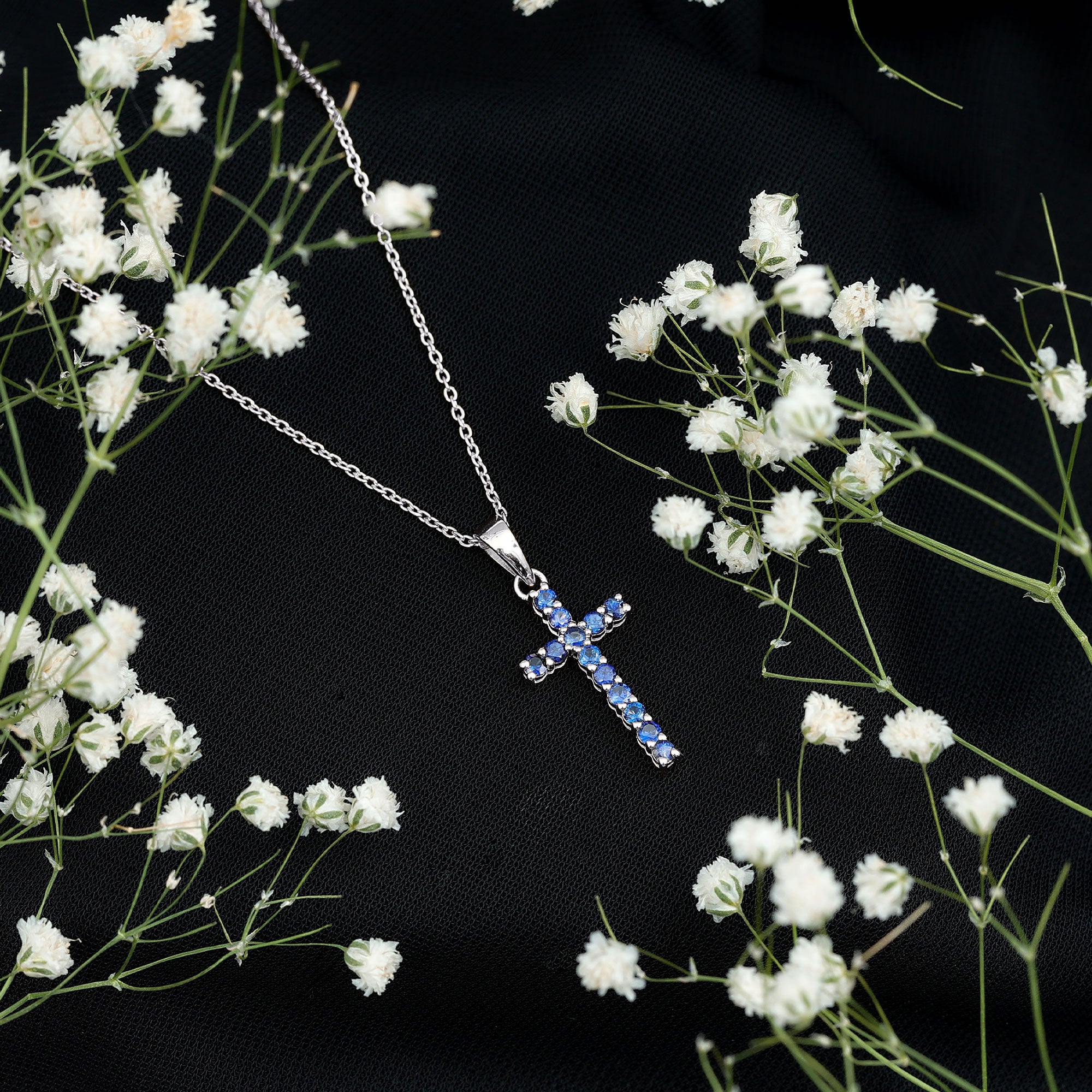 Genuine Blue Sapphire Cross Pendant Necklace with Chain AAA - Rosec Jewels
