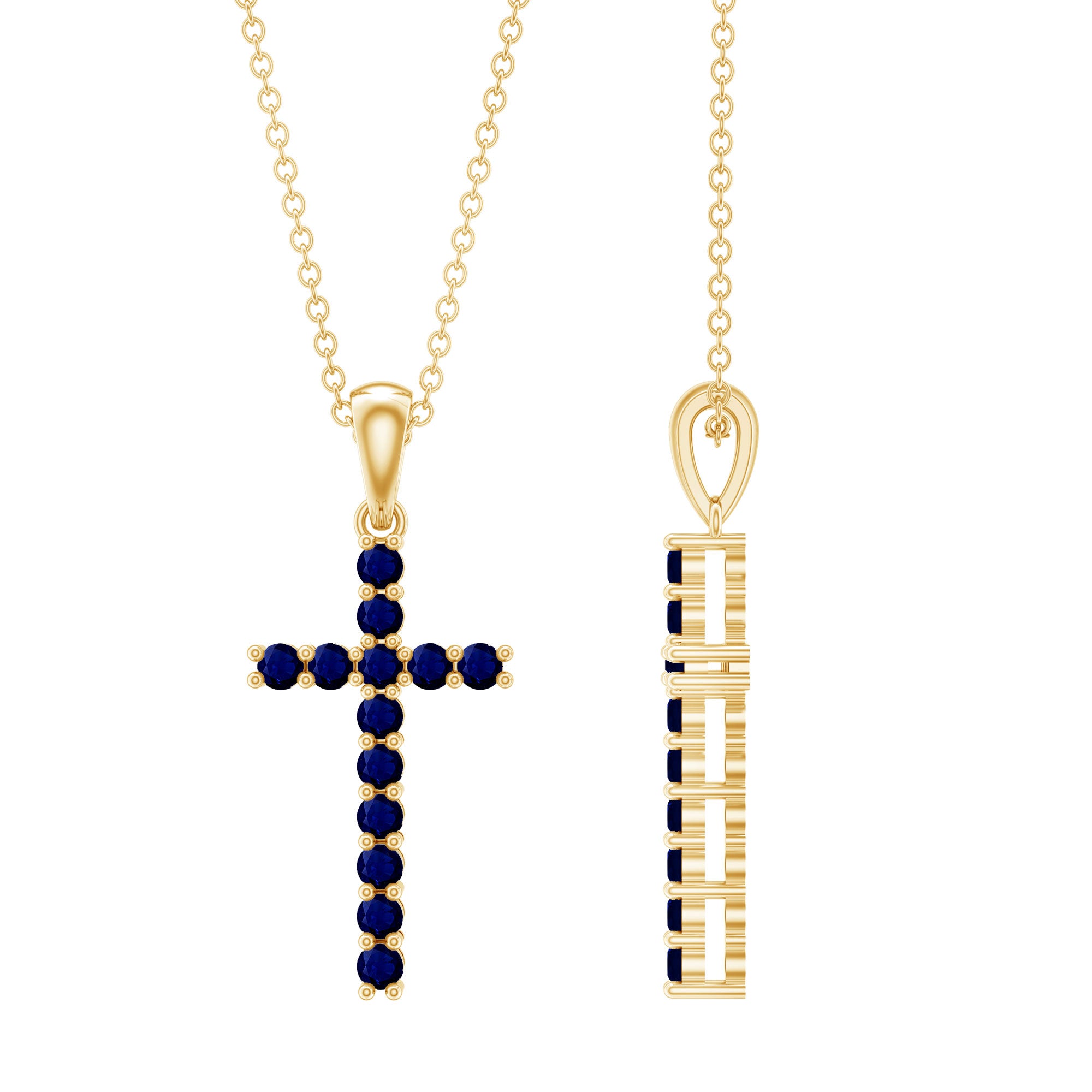 Genuine Blue Sapphire Cross Pendant Necklace with Chain AAA - Rosec Jewels