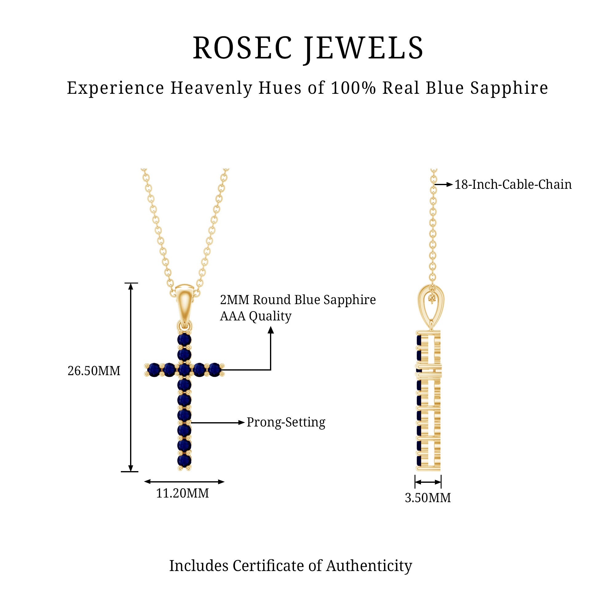Genuine Blue Sapphire Cross Pendant Necklace with Chain AAA - Rosec Jewels
