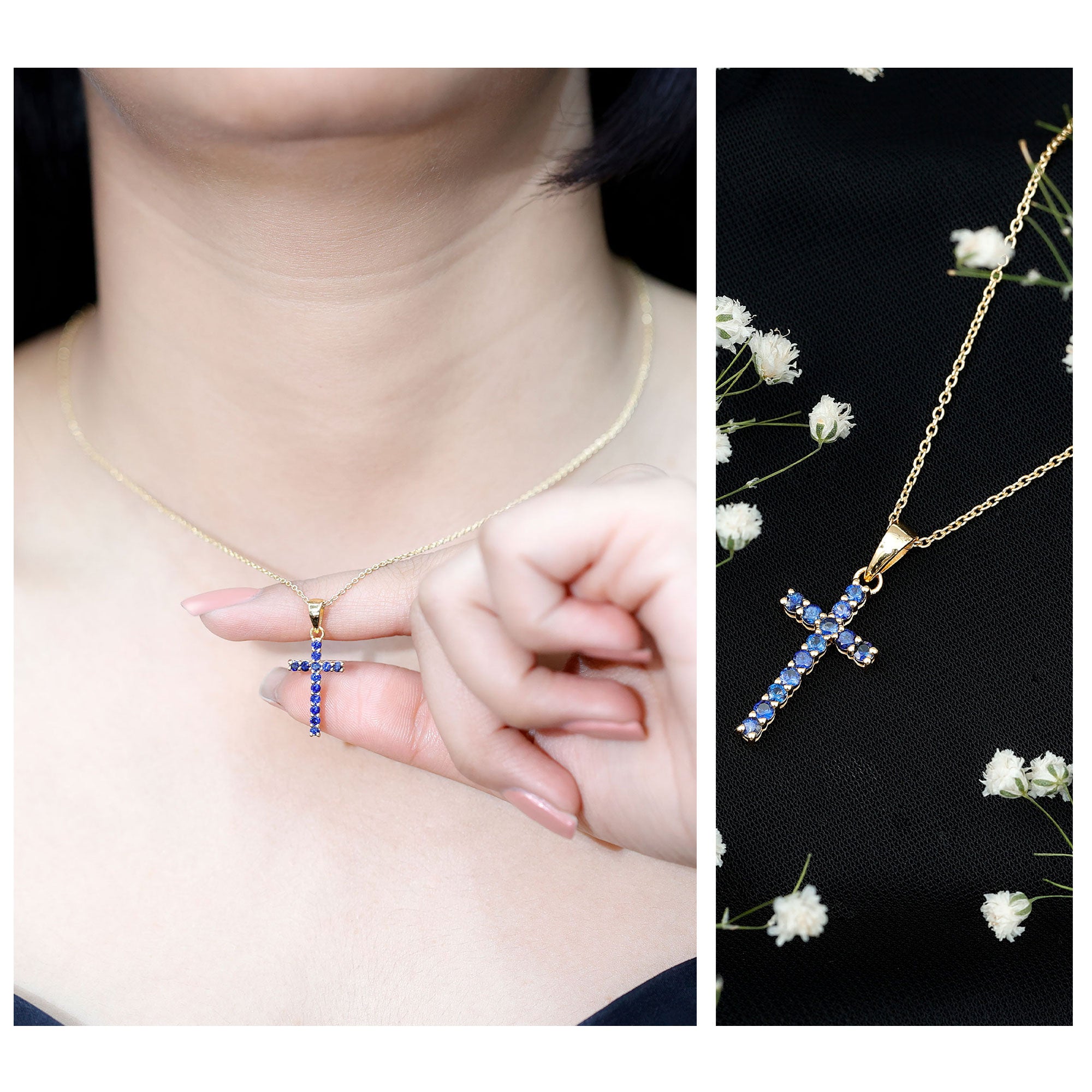 Genuine Blue Sapphire Cross Pendant Necklace with Chain AAA - Rosec Jewels