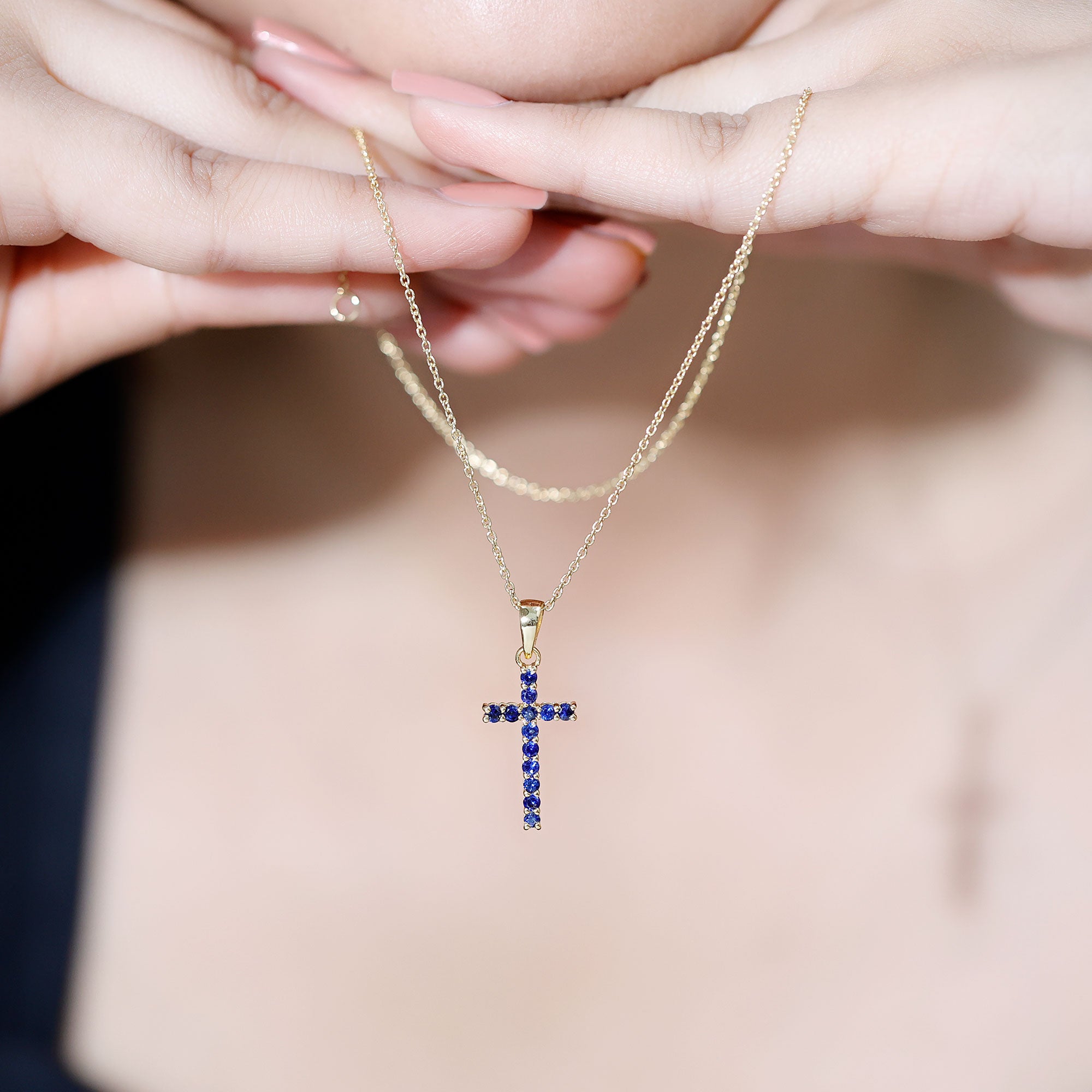 Genuine Blue Sapphire Cross Pendant Necklace with Chain AAA - Rosec Jewels