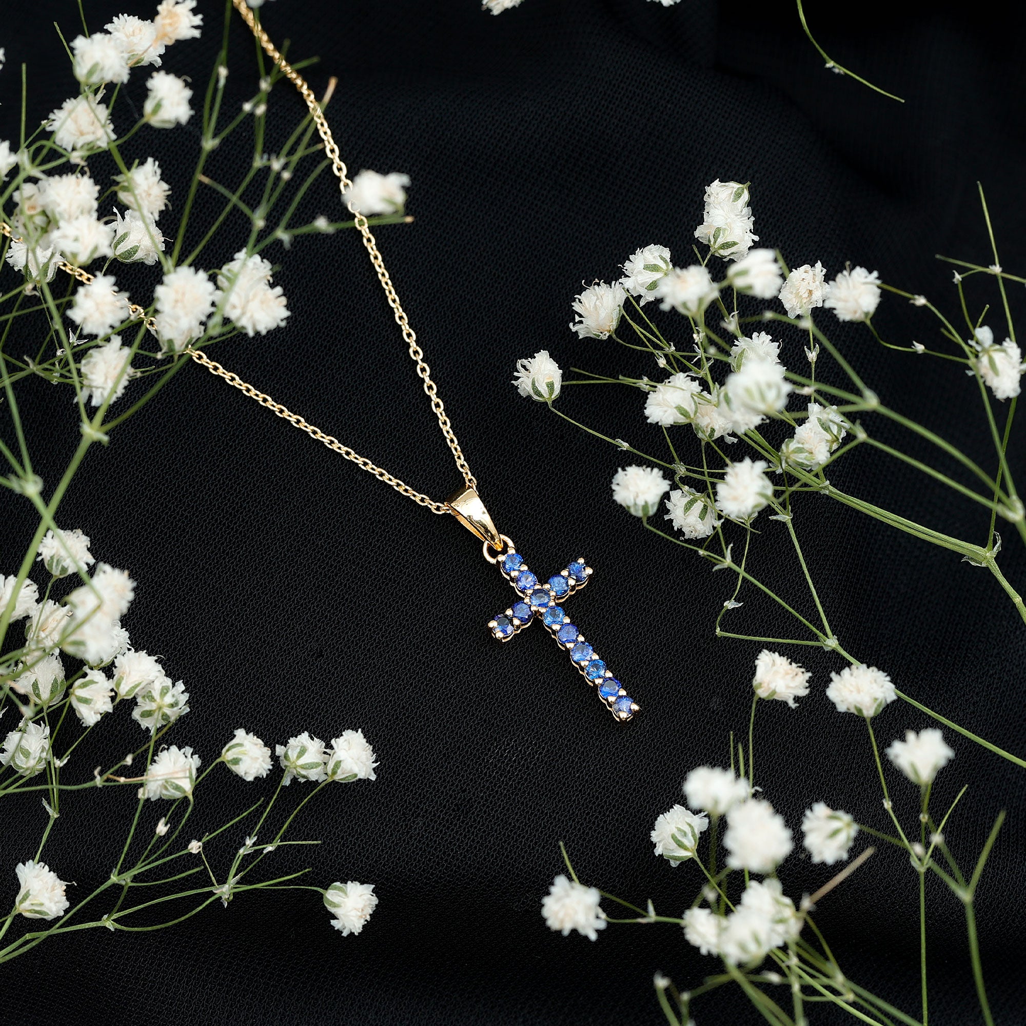 Genuine Blue Sapphire Cross Pendant Necklace with Chain AAA - Rosec Jewels