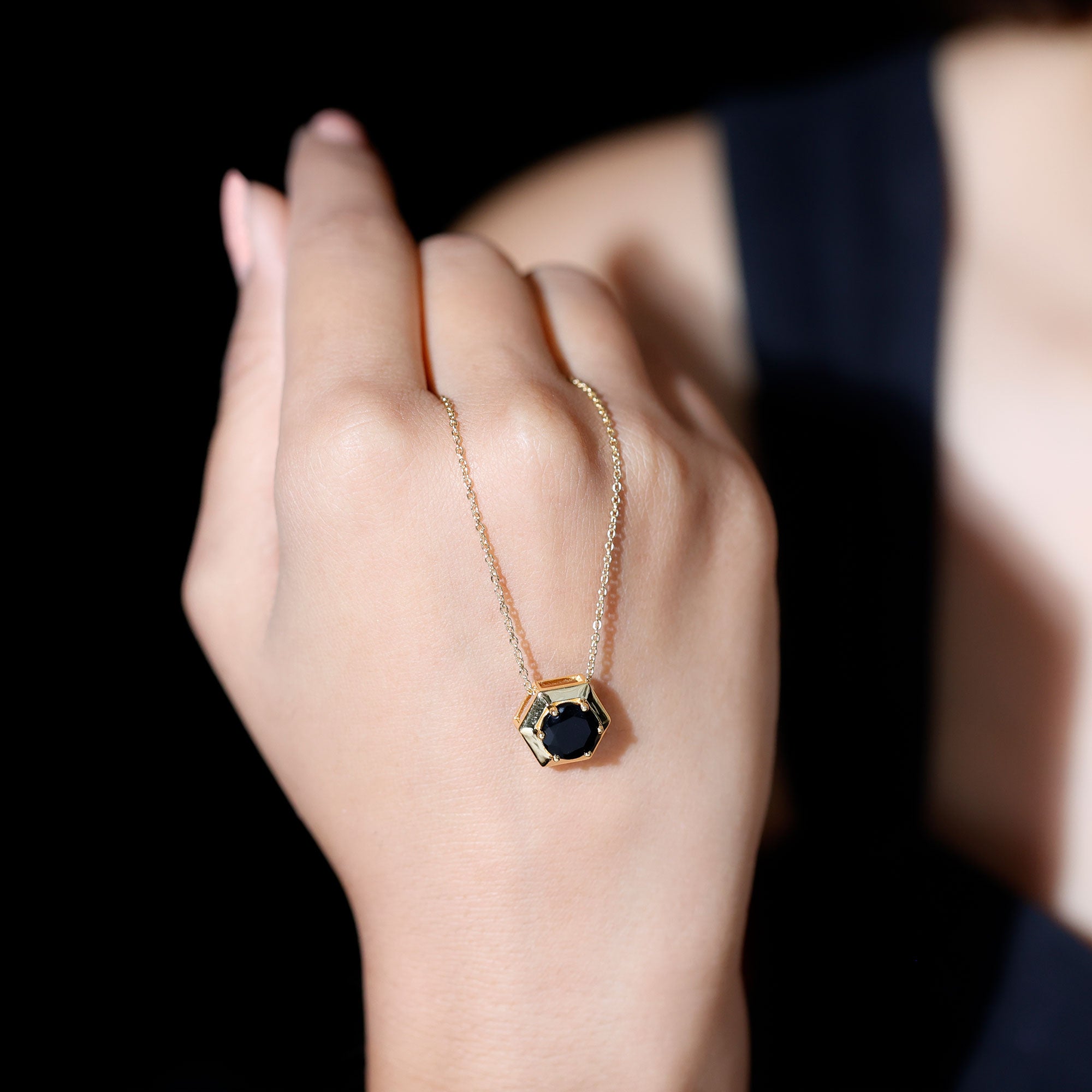 Lab Grown Black Diamond Hexagon Pendant Necklace AAAA ( Synthetic ) - Rosec Jewels