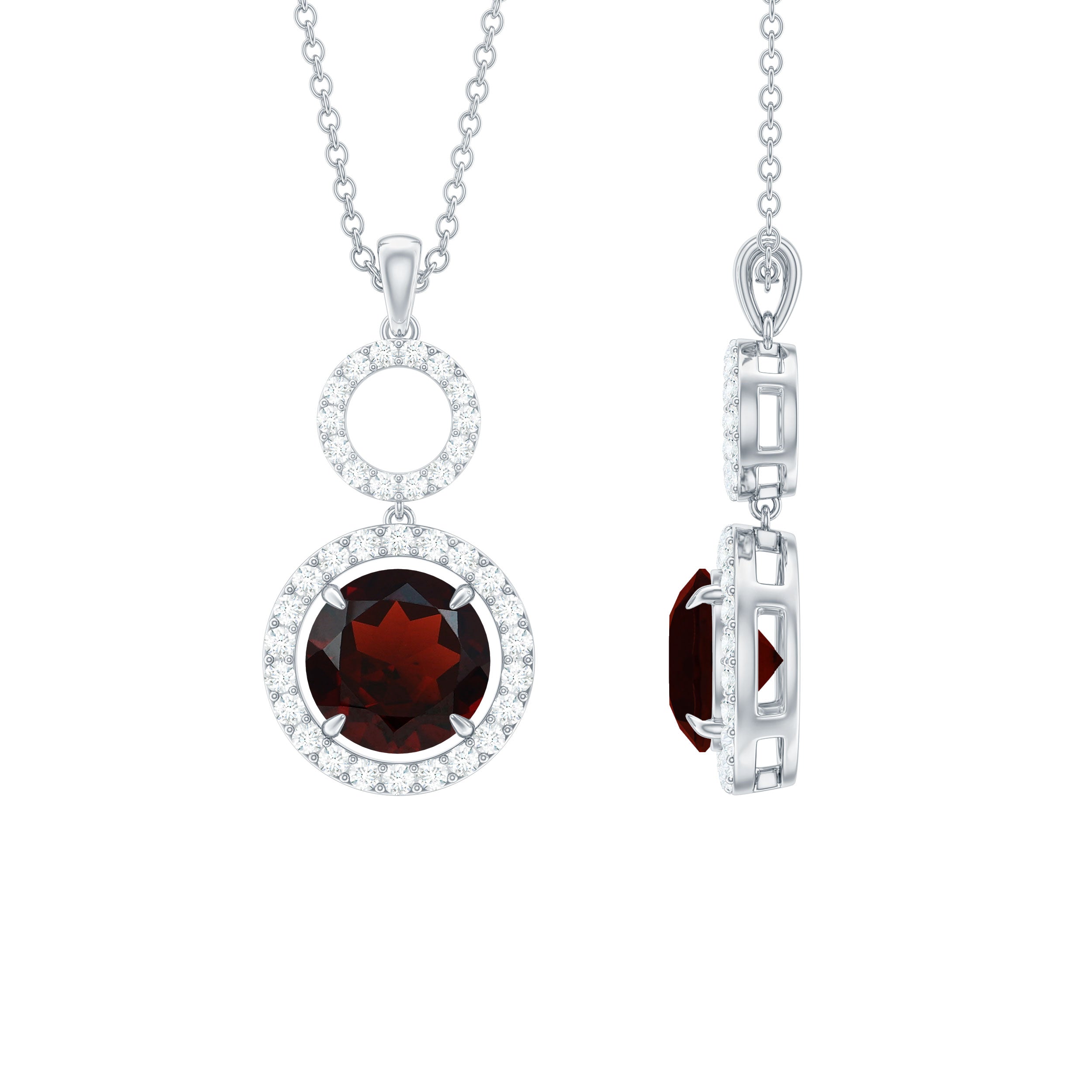3 CT Round Garnet Dangle Pendant with Diamond Halo