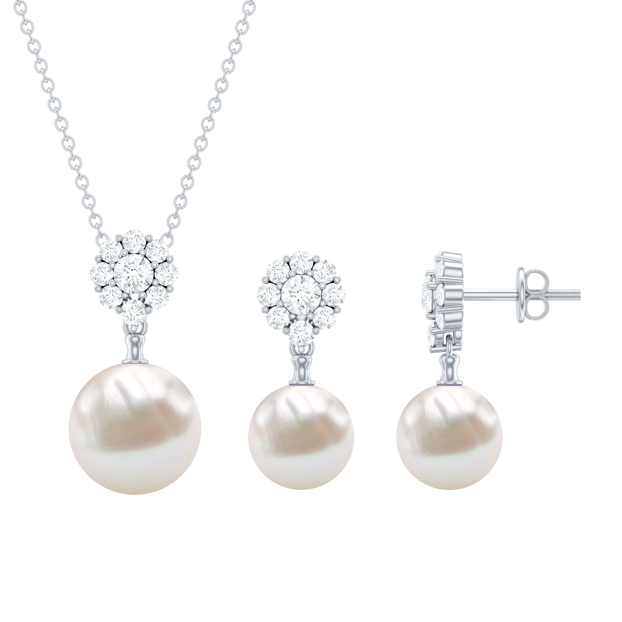24 CT Moissanite Flower and Freshwater Pearl Drop Jewelry Set