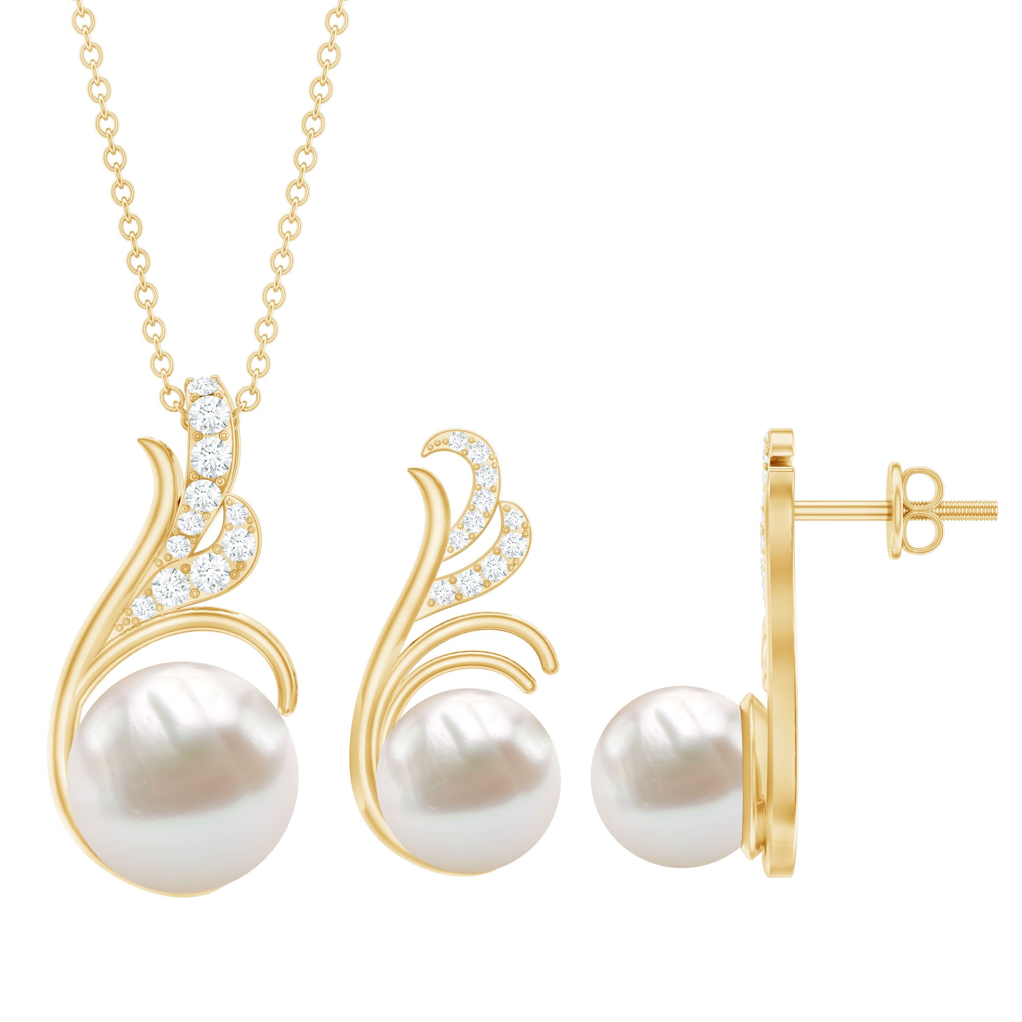 Freshwater Pearl and Diamond Designer Jewelry Set AAA - Rosec Jewels