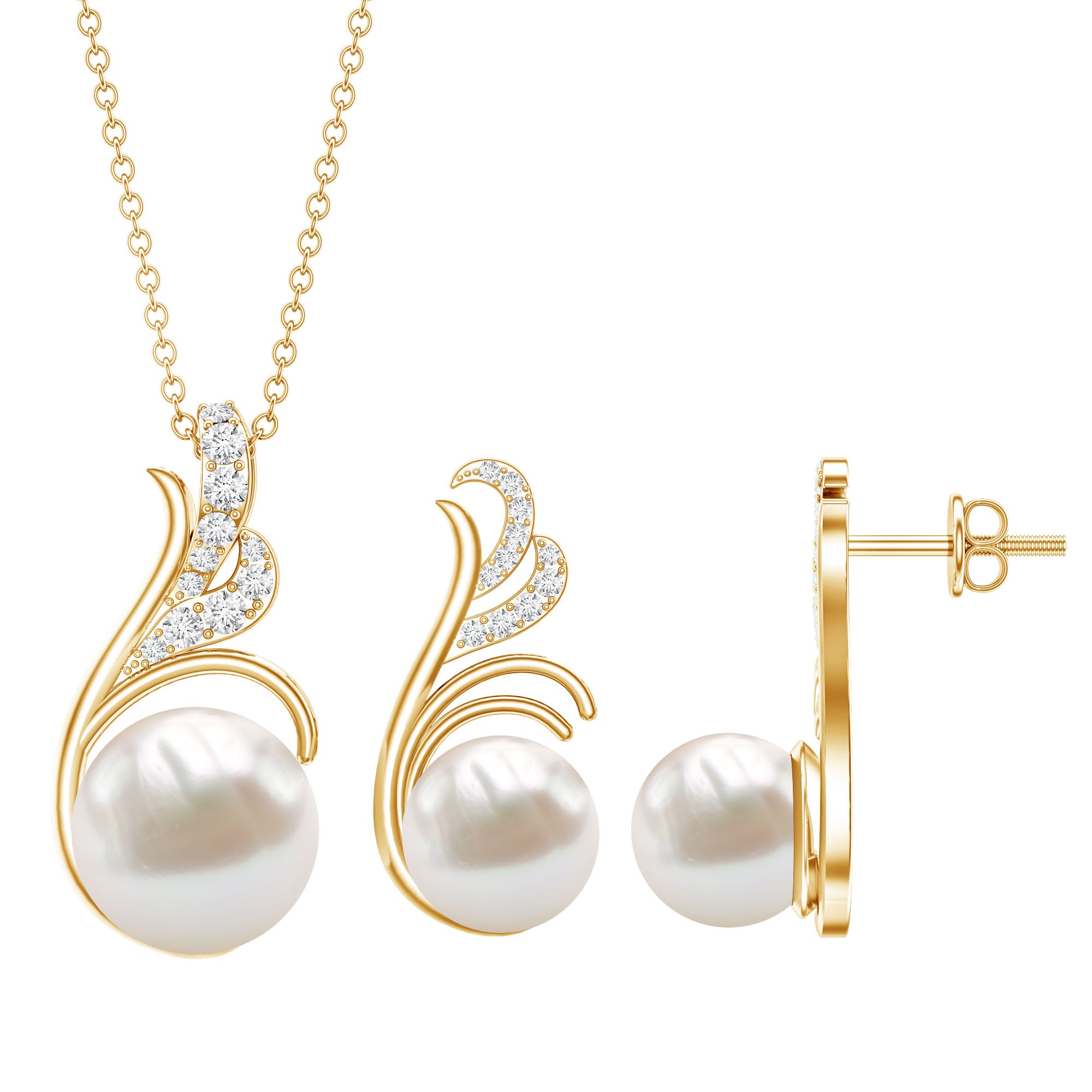 Freshwater Pearl and Diamond Designer Jewelry Set AAA - Rosec Jewels