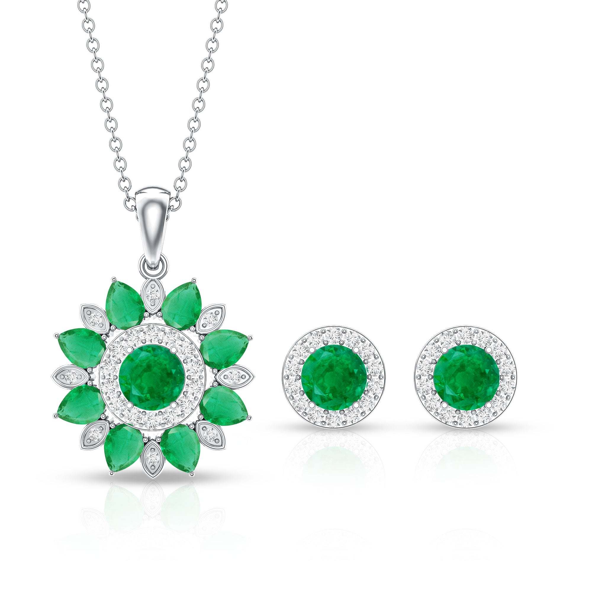 Certified Emerald and Moissanite Flower Jewelry Set AAA - Rosec Jewels