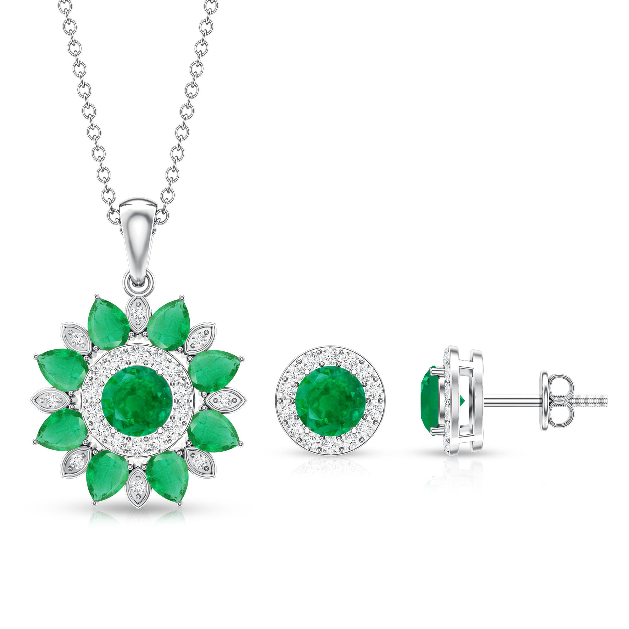 Certified Emerald and Moissanite Flower Jewelry Set AAA - Rosec Jewels