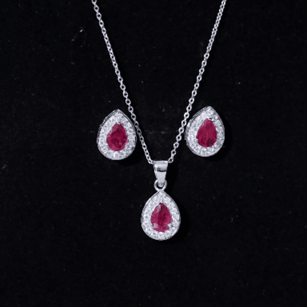 Genuine 2.6 Carat Pear Cut Ruby and Moissanite Halo Pendant and Earrings Set AAA - Rosec Jewels